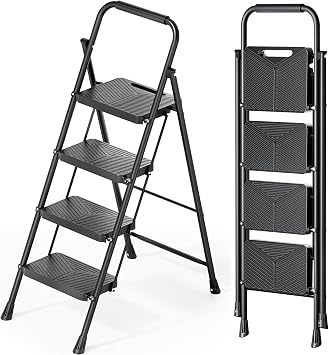 KINGRACK 4 Step Ladder, Folding Step Stool with Anti-Slip Pedals | Heavy Sturdy Steel ladder with Handrail, Safe-Lock Design, Multi-Purpose, Home, Kitchen, Pass 500lbs Load Testing, Black