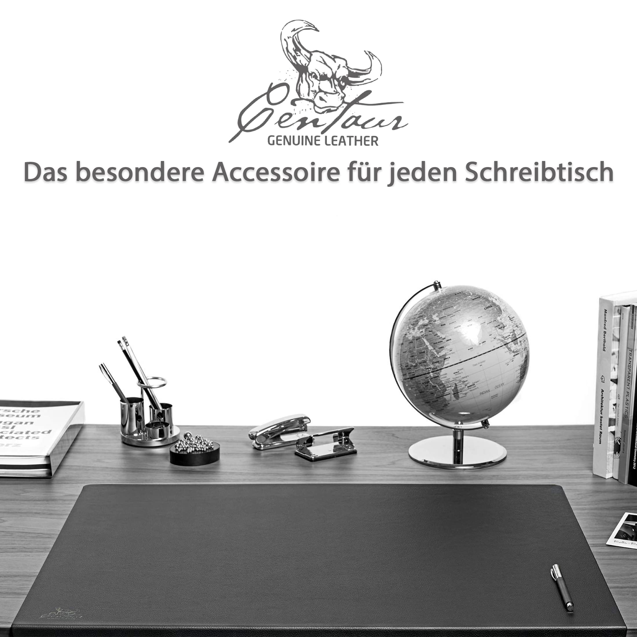 Centaur - Hochwertige Leder Schreibtischunterlage mit 90° Kantenschutz - Schwarz 55x80 cm - ideal für Büro und Zuhause - Pflegeleichte Schreibunterlage -