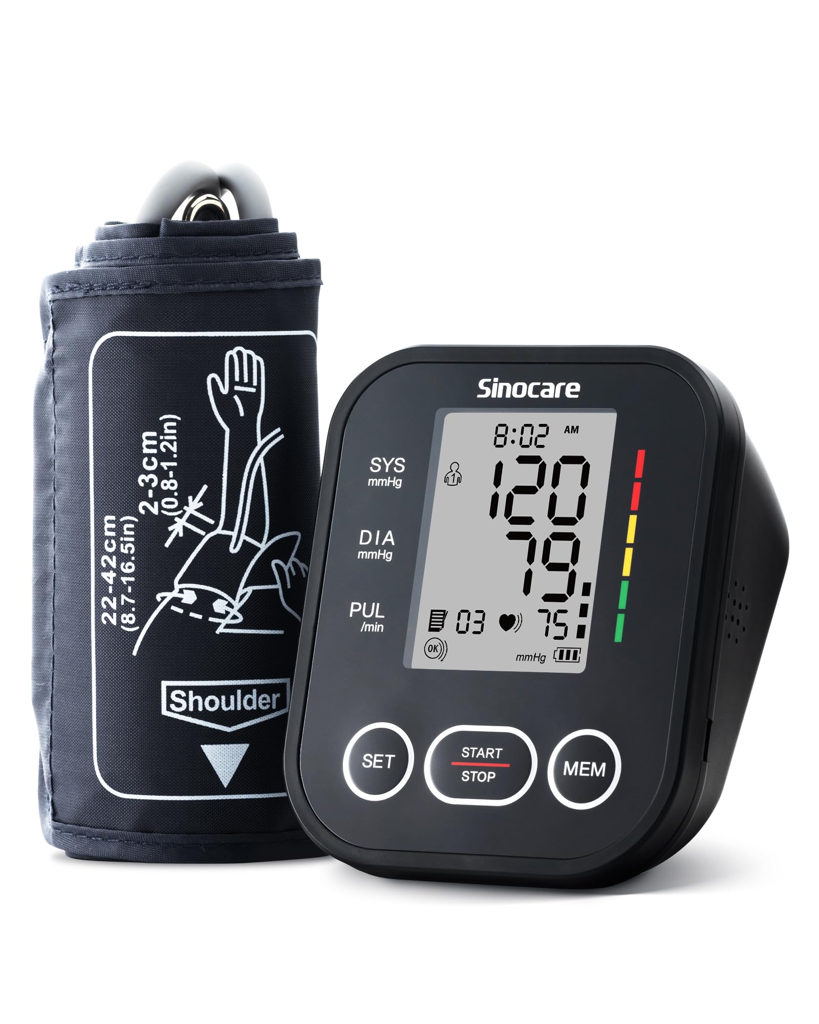 Tensiometro de Brazo, Sinocare Tensiometro Digital Automatico, Deteccion Irregular Arritmia,3.6 Pantalla LCD Grande Monitor Brazalete 22-43cm (2x99 Memoria)