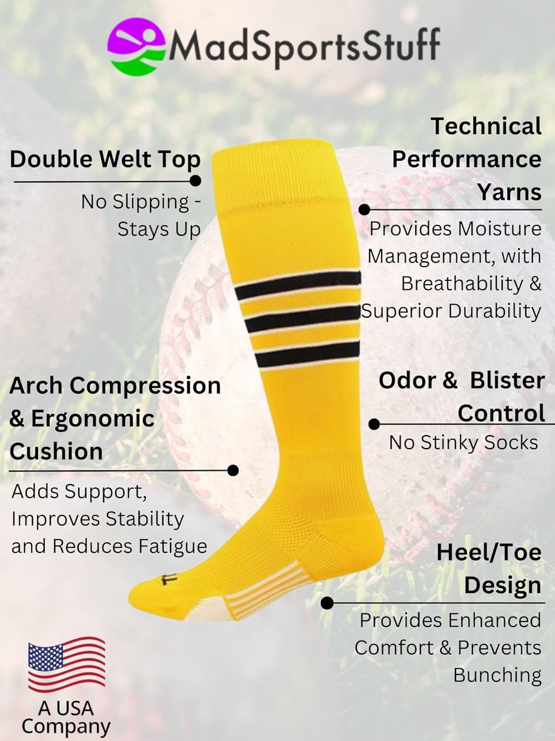 MadSportsStuff Dugout Striped Baseball Socks | Youth & Adult Over the Calf | Made in the USA - Image 4