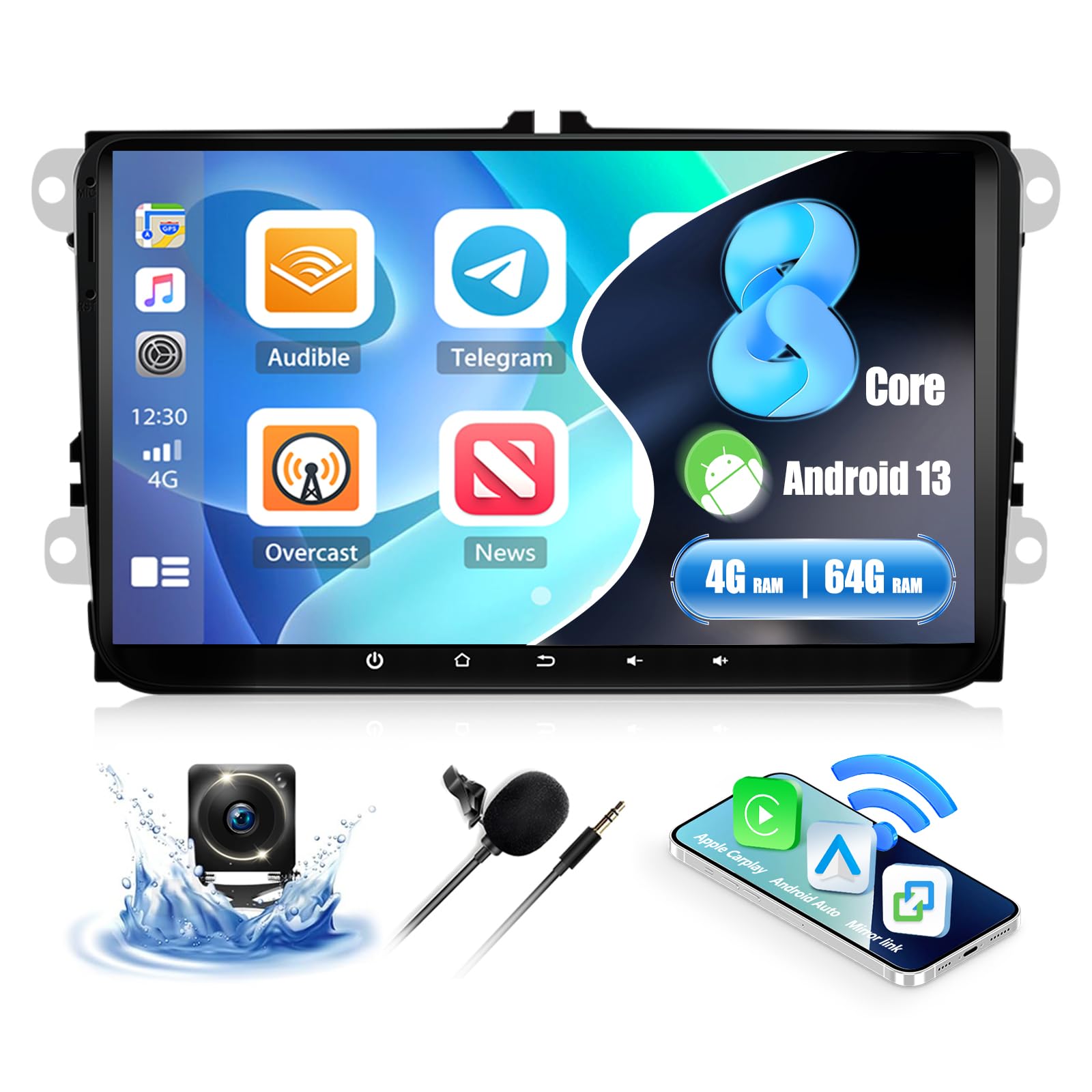 CAMECHO Android 13 Car Stereo displaying various UI desktop themes