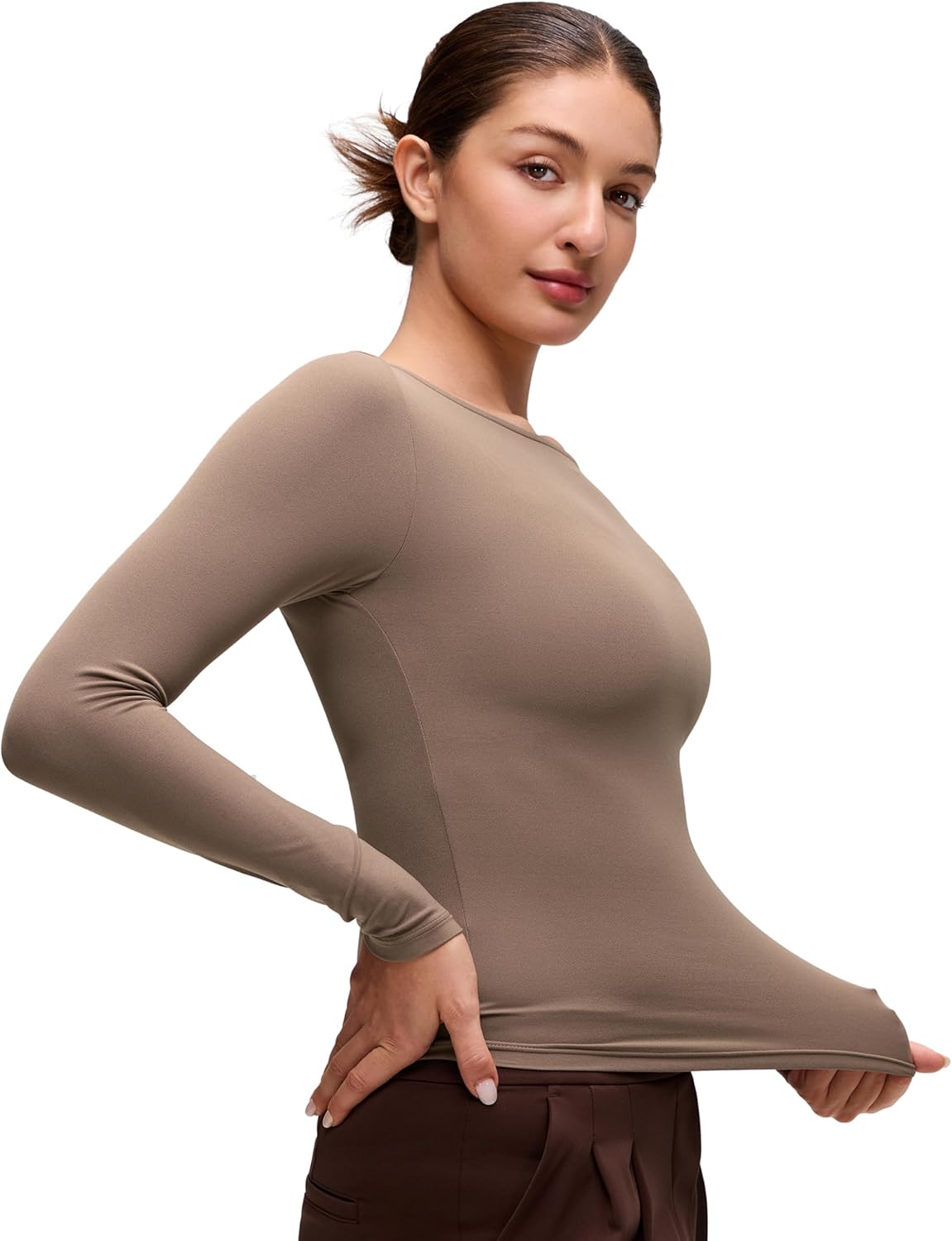 CRZ YOGA Softembrace Boat Neck Long Sleeve Shirts for Women - Casual Going Out Tops Soft Stretchy Fitted Fall T-Shirts