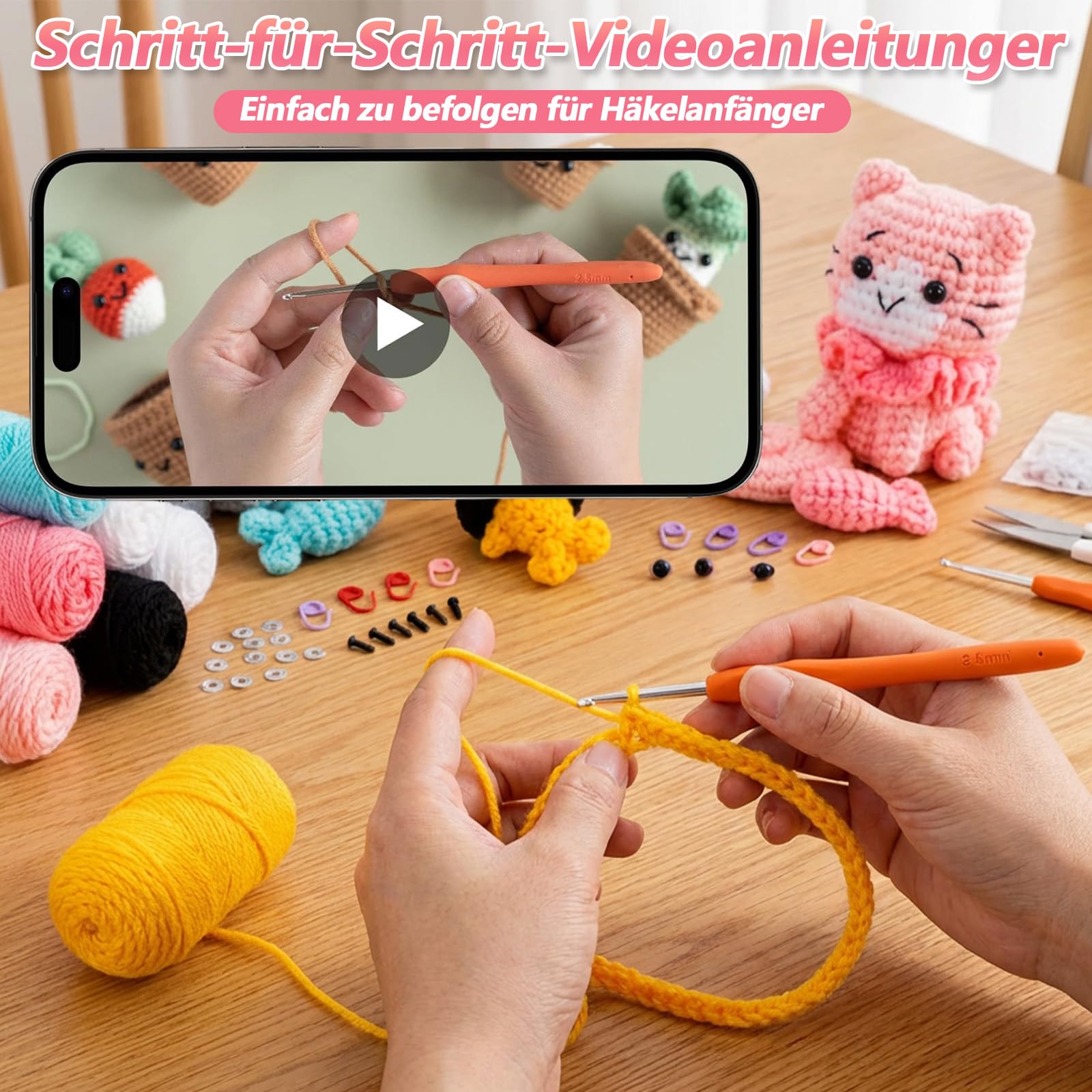 Cioquli Häkelset für Anfänger, 4 Stück Häkelset Tiere mit Häkelnadeln, Werkzeugen und Schritt für Schritt Video, Häkel Zubehör, DIY Stricken Set für Anfänger, Erwachsene, Häkelliebhaber Geschenk