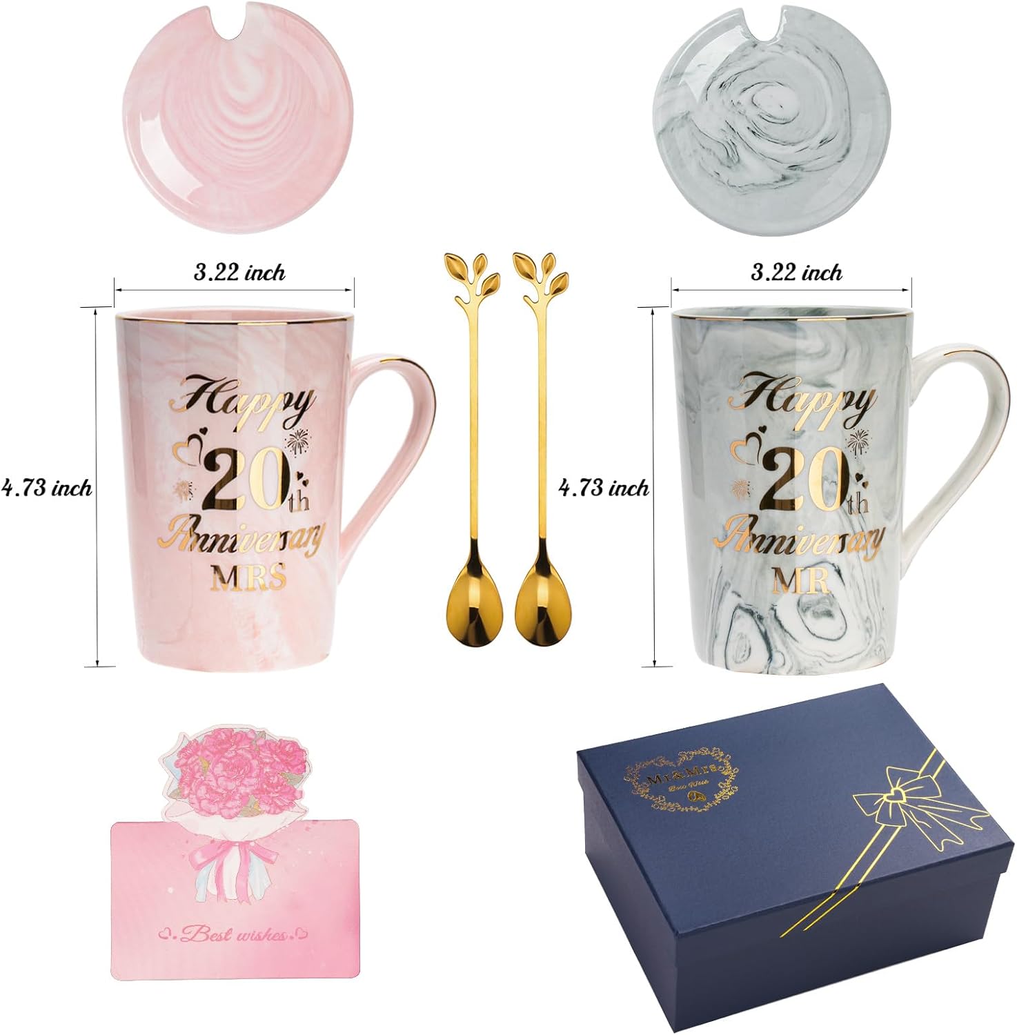 20th Anniversary Wedding Gifts, 2PCS Happy 20th Anniversary Mr Mrs Gifts Marble Ceramic Cups Set 14oz, 20 Year Anniversar-y Coffee Cup Gift-s for Couple, Parents, with Spoon, Card, Giftbox - Image 3