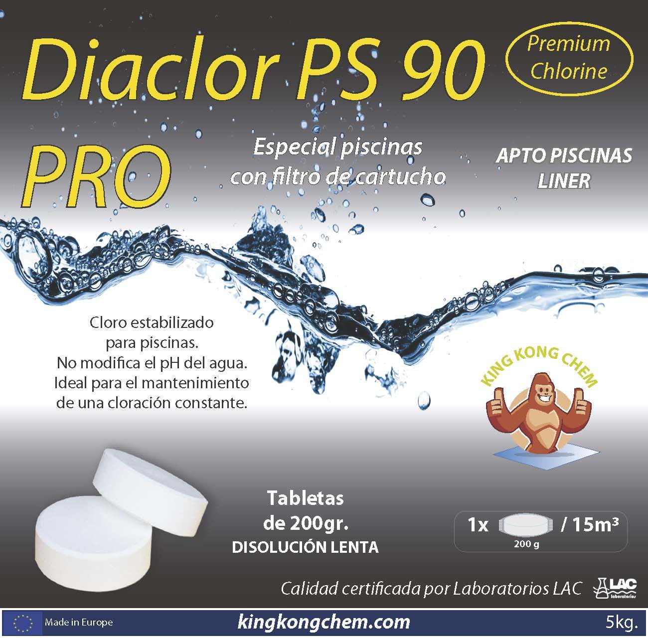 Pastillas de tricloro Puro para Piscinas de Liner/Poliester - DIACLOR PS 90 Pro 5 KG - Envasado Individual - 25 Pastillas Grandes de Cloro Lento (200 gr- 7,5 cm Diámetro)