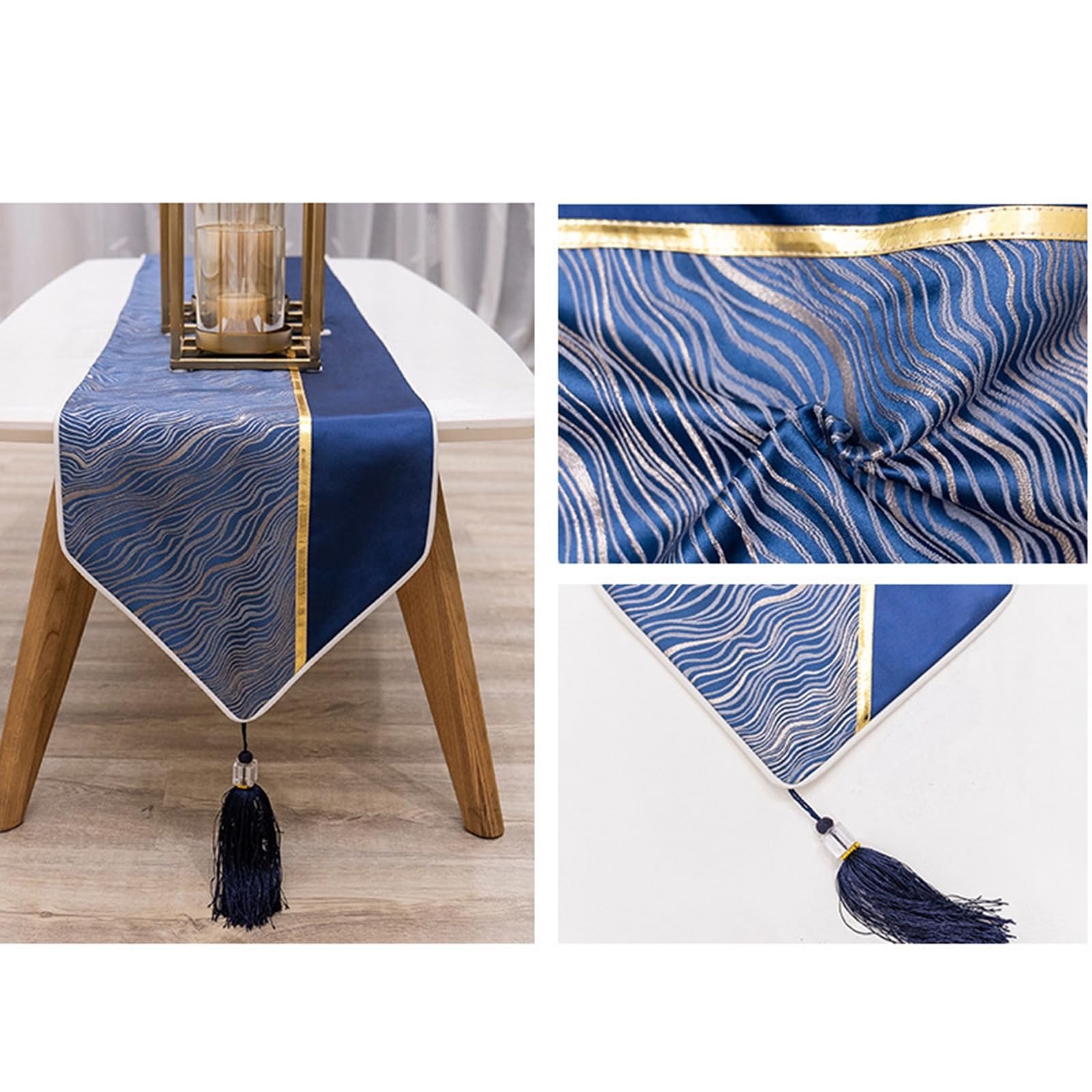 Tischläufer Polyester Wohnzimmer, Tischläufer Landhausstil 33x200 cm, Wellenmuster mit Quasten