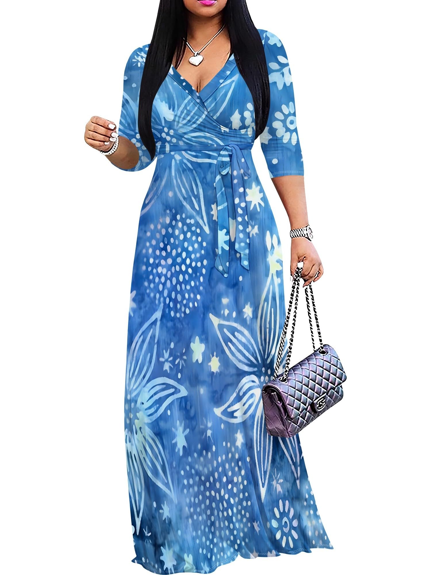 PinkPatty Plus Size Maxi Dresses for Women Casual Flowy Long Dress 3/4 Sleeve V Neck Wrap Dress with Belt