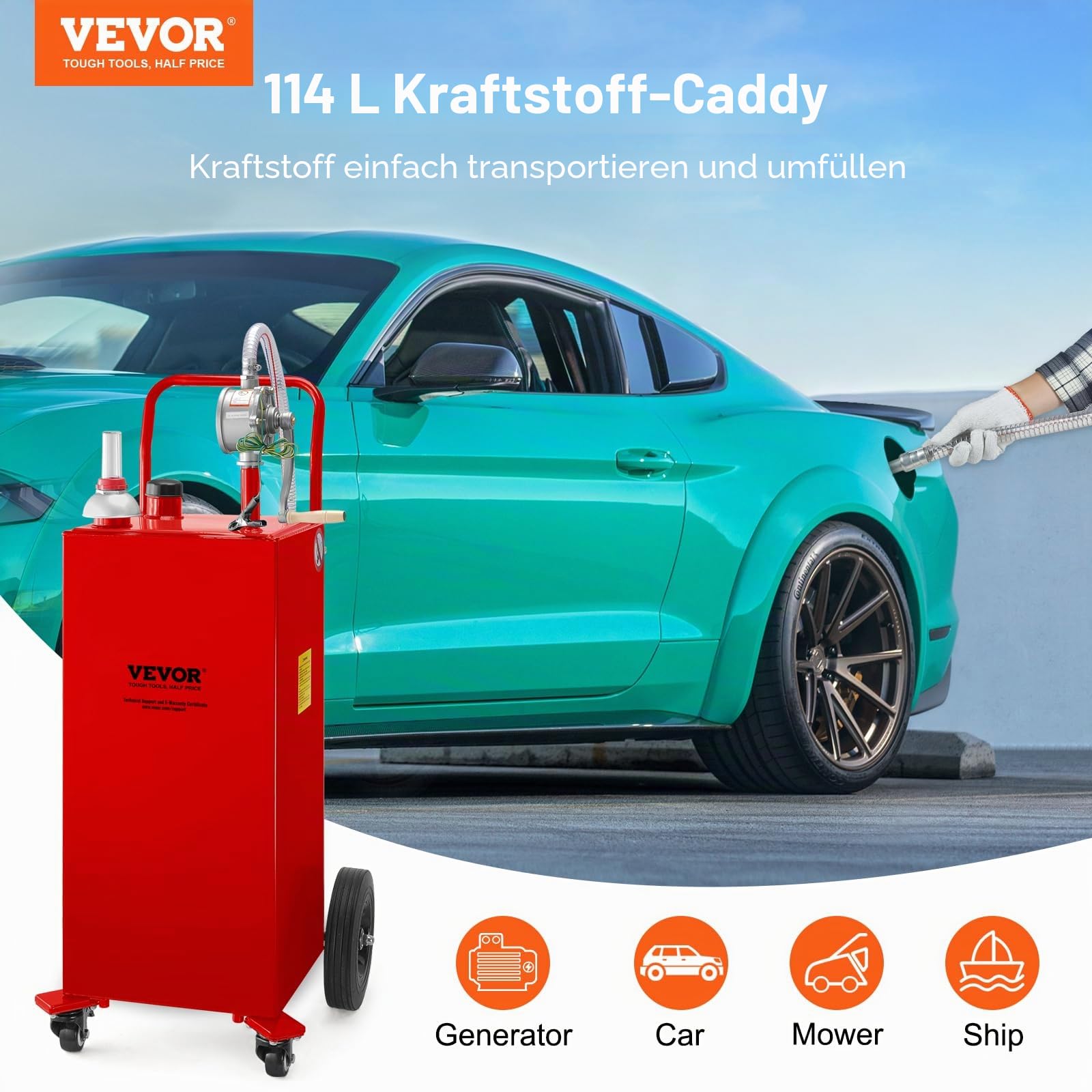 VEVOR 30-Gallonen-Kraftstoffbehälter, Gasspeichertank und 4 Räder, mit manueller Transferpumpe, Benzin-Diesel-Kraftstoffbehälter für Autos, Rasenmäher, Geländefahrzeuge, Boote usw., Rot