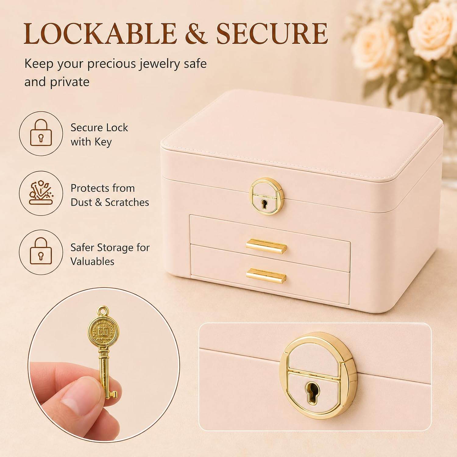 Large Jewelry Box for Women, 3-Layer Organizer with 2 Drawers