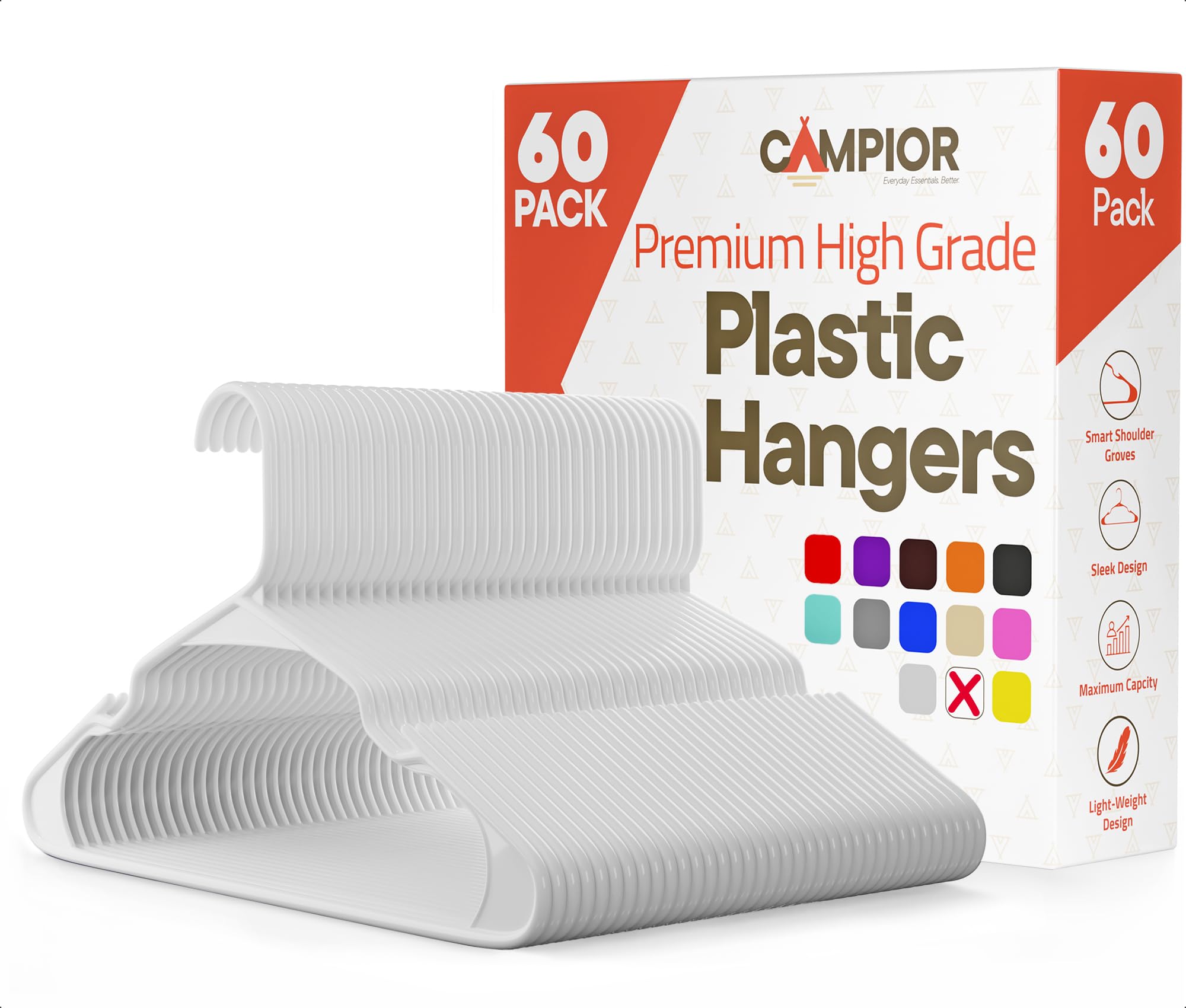 Campior Weiße Kunststoff-Kleiderbügel, 60 Stück, robust, platzsparend, rutschfest, langlebig und leicht, PP-Kleiderbügel für Kleidung