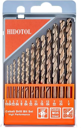 HIDOTOL 13 PCS Cobalt Drill Bit Set M35 HSS Twist Drill Bits 1/16"-1/4" for Hardened Metal, Stainless Steel, Cast Iron, Plastic and Wood