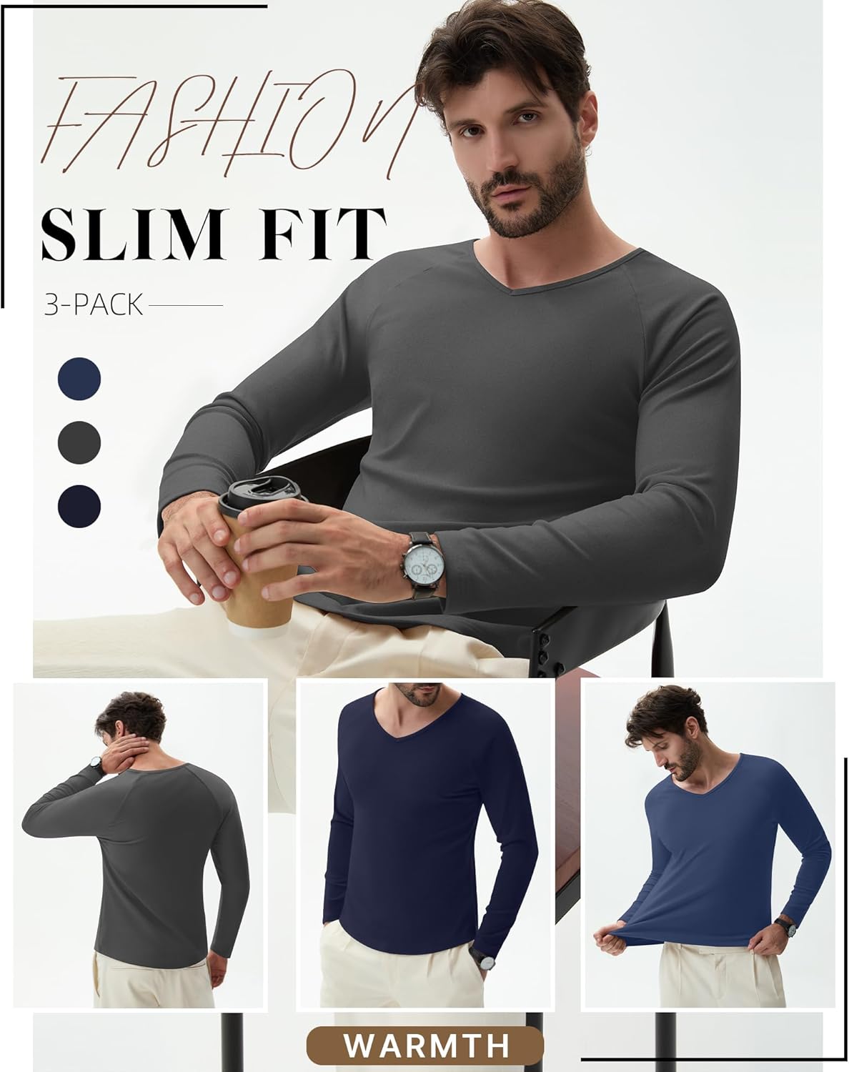 Riyiper 3 Pack Men's Thermal Shirts Long Sleeve Thick T-Shirt V Neck Fleece Undershirts Basic Comfortable Winter Layer Tops - Image 6
