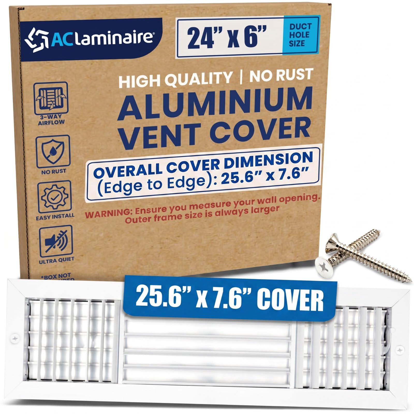 Couvercle d'aération à 3 voies en aluminium 24x6 pouces avec registre réglable