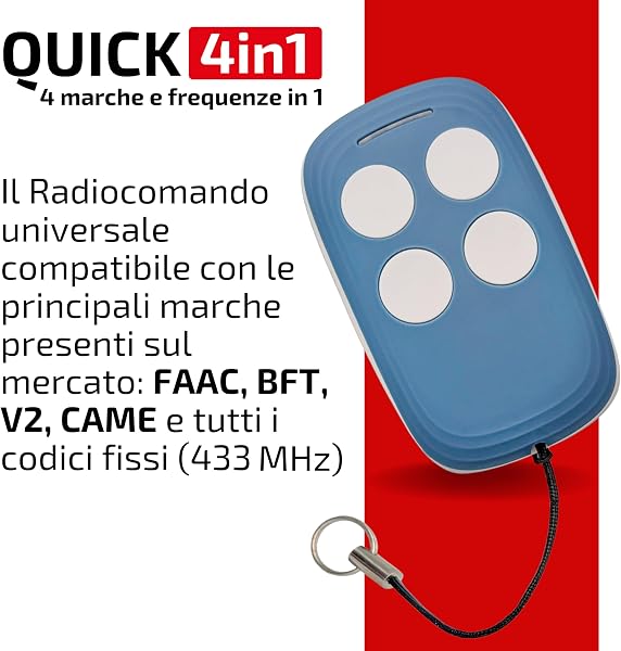 Quick 4in1 - Telecomando Universale di ricambio per FAAC, BFT, CAME, V2 e tutti gli universali | Duplica Fino a 4 Telecomandi | Per Cancelli, Garage, Serrande, Sbarre automatiche - 2