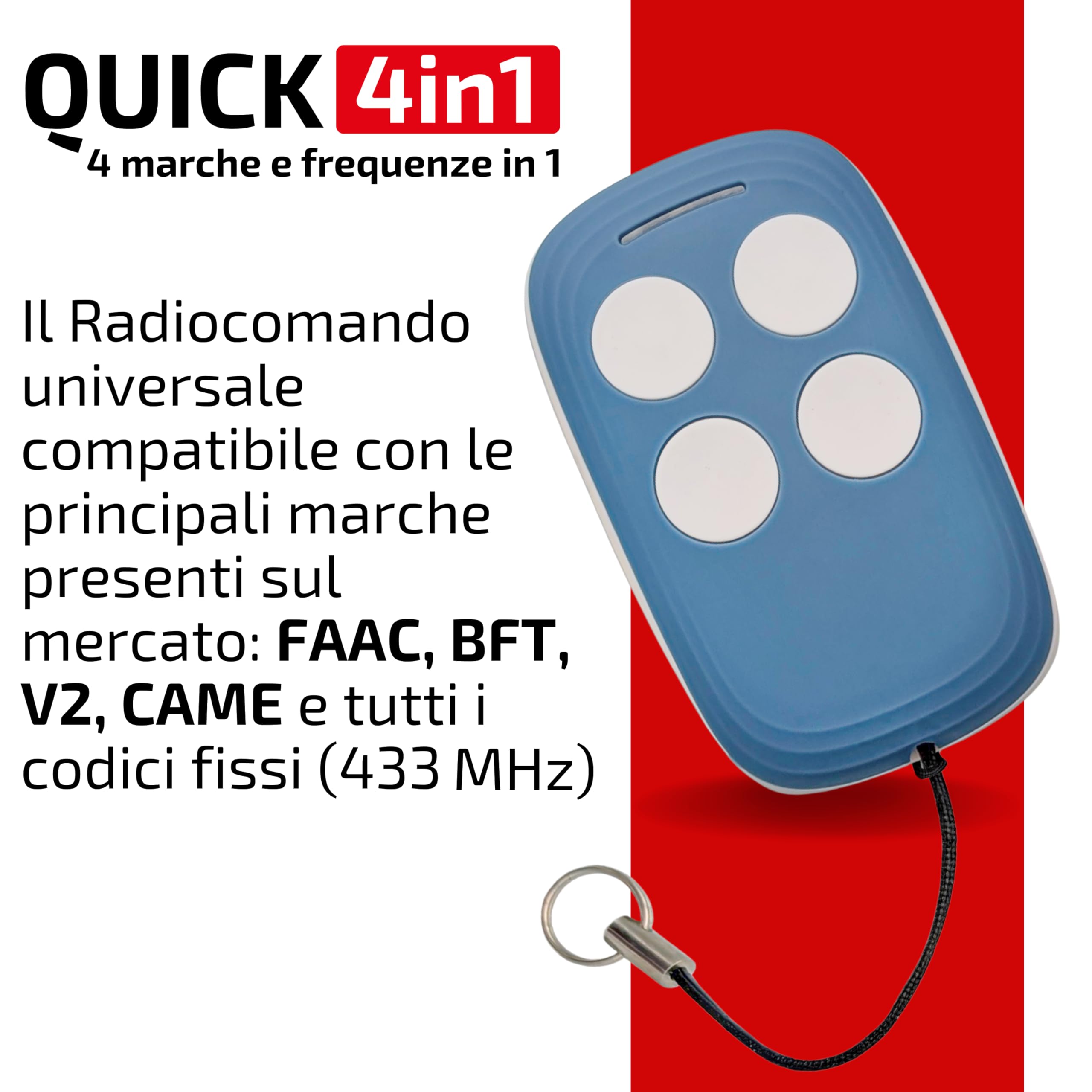 Quick 4in1 - Telecomando Universale di ricambio per FAAC, BFT, CAME, V2 e tutti gli universali | Duplica Fino a 4 Telecomandi | Per Cancelli, Garage, Serrande, Sbarre automatiche - 2