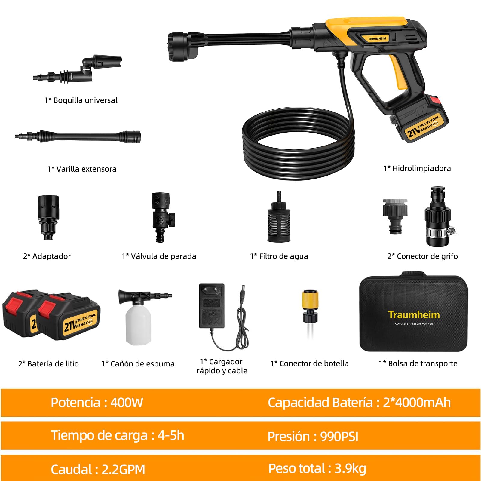 Limpiador de alta presión inalámbrico Traumheim 21V 68Bar – 2 baterías de 4000mAh, juego de 17 piezas, limpiador portátil para auto, terraza y jardín