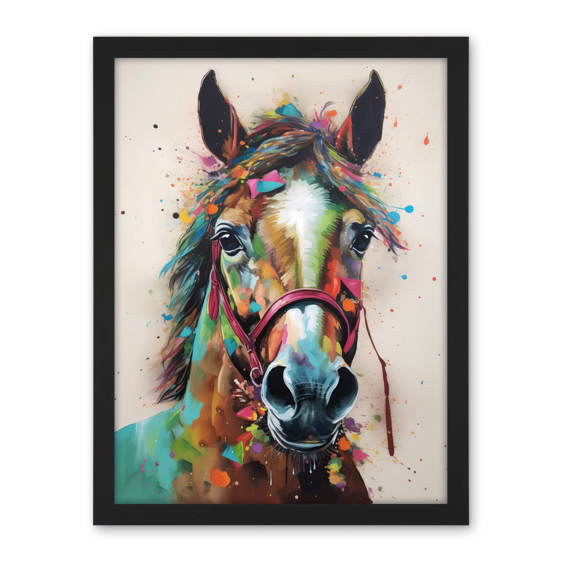 Artery8 Horse Multicoloured Spray Paint and Oil Painting Artwork Framed Wall Art Print 18X24 Inch