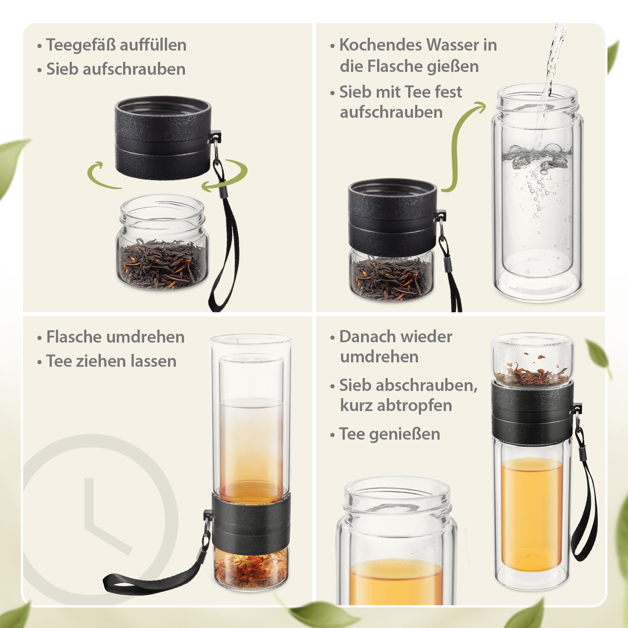 tea4chill Theefles met zeef to go, drinkfles van glas, dubbelwandig, neopreen hoes, groen