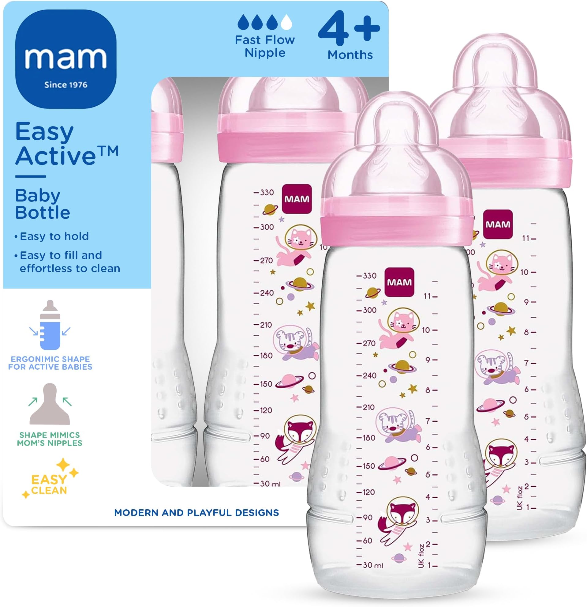 Easy Active Baby Bottle 2 Pack, 11oz, BPA Free, Fast Flow Silicone Nipple, Anti-Slip Grip, Leak-Proof, 4+ Months, Purple Iris