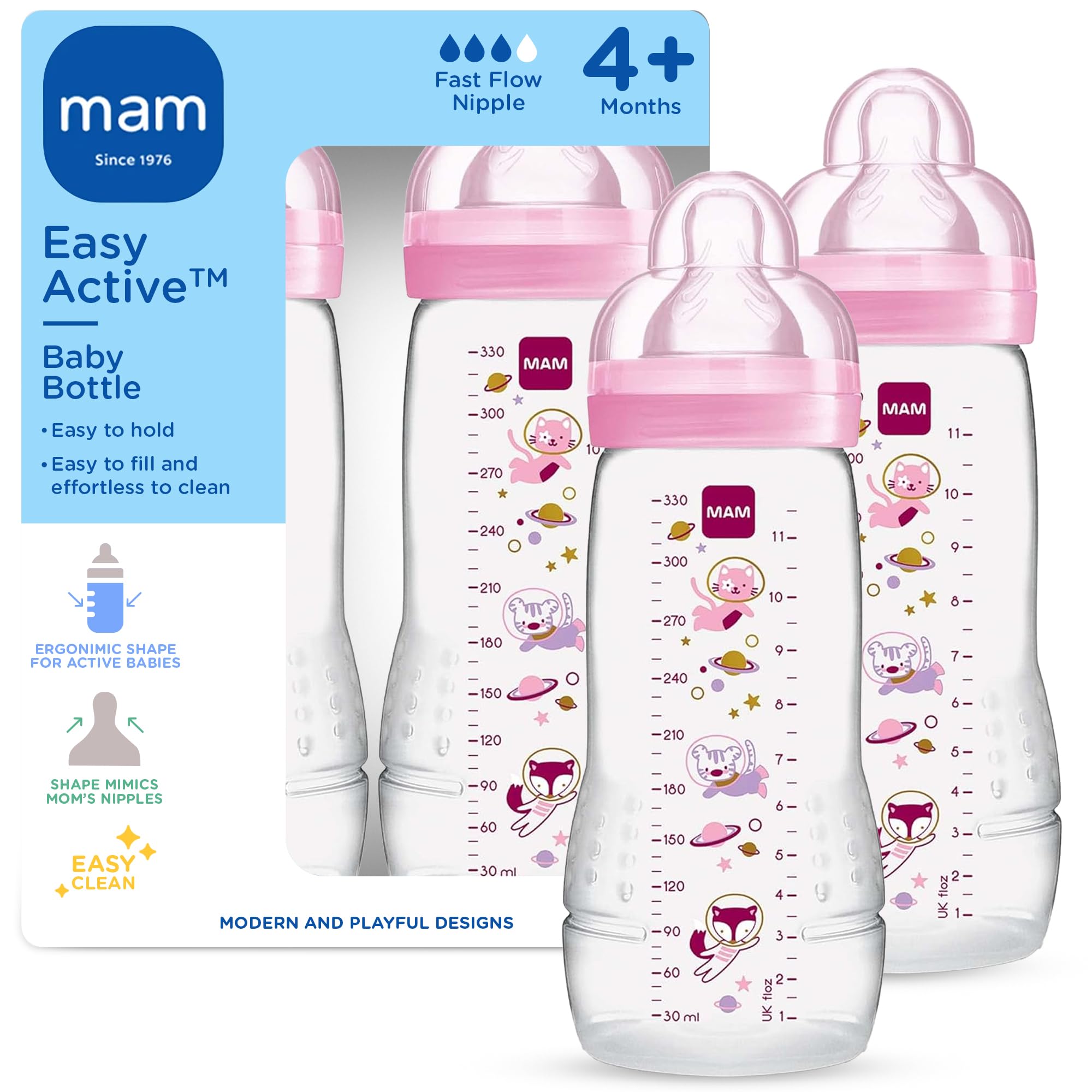 MAM Easy Active Baby Bottle 2 Pack, 11oz, BPA Free, Fast Flow Silicone Nipple, Anti-Slip Grip, Leak-Proof, 4+ Months, Purple Iris
