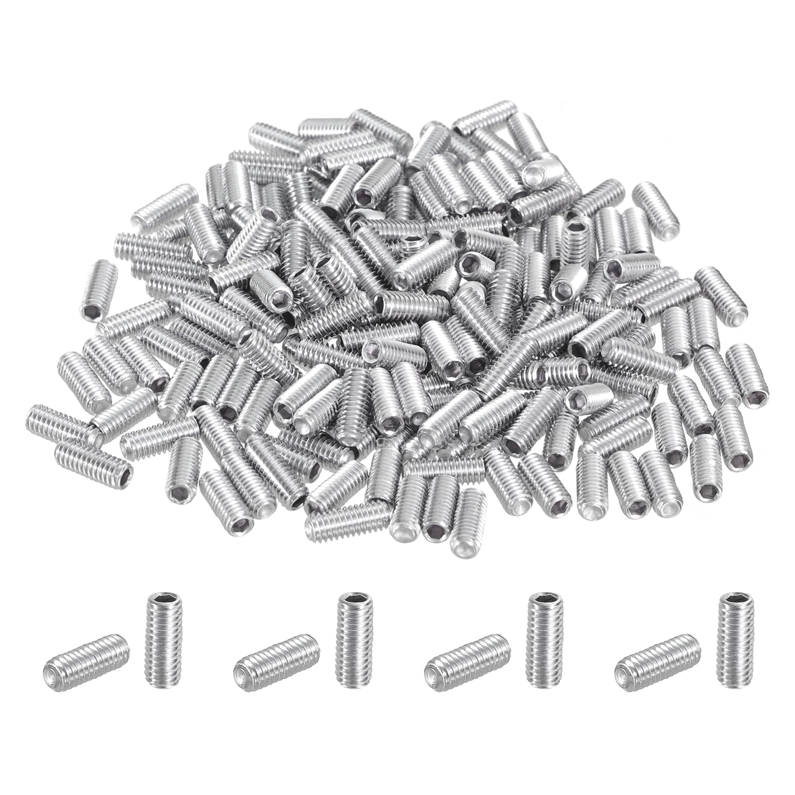 uxcell 200Pcs Hex Socket Grub Screw, M4x10mm 304 Stainless Steel Head Socket Set Screws Flat Point Grub Bolt for Door Handles, Light Fixture Repair