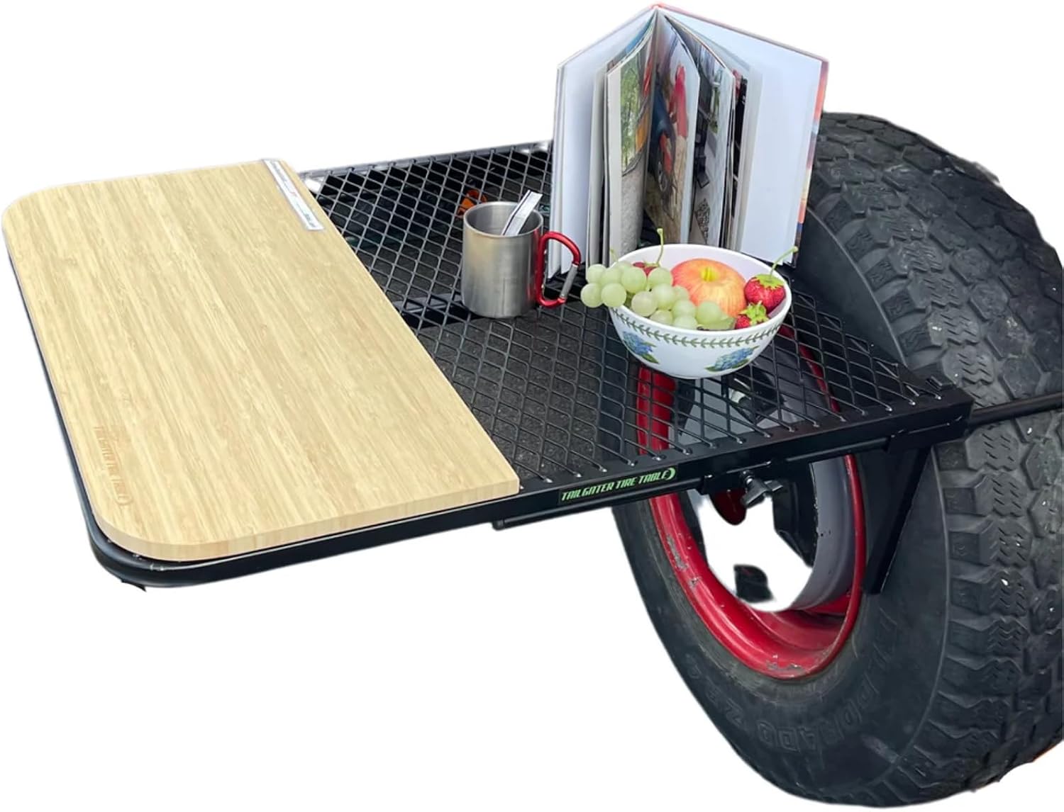 Tire Table with Included Bamboo Cutting Board and/or Carrying Bag, Aluminum or Steel, Small, Medium or Large Sizes, Installs in Seconds, Check Bullets for Dimensions and Compatibility