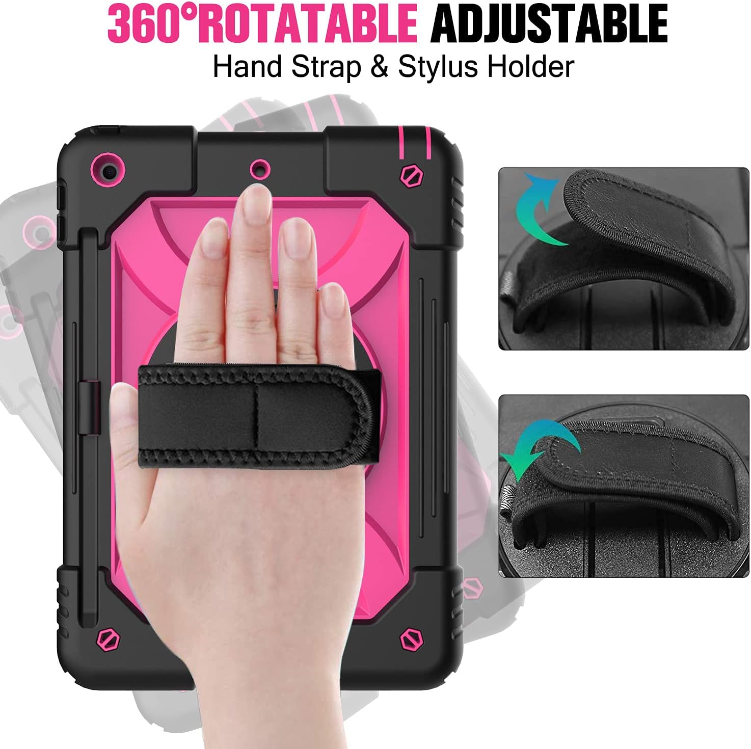 LEDNICEKER iPad 8th Generation case, iPad 7th Generation case, iPad 10.2 case, Three Layer Protective Case with [360 Rotating Stand] [Hand Strap] [Pencil Holder] for iPad 10.2 2020/2019,Black and rose