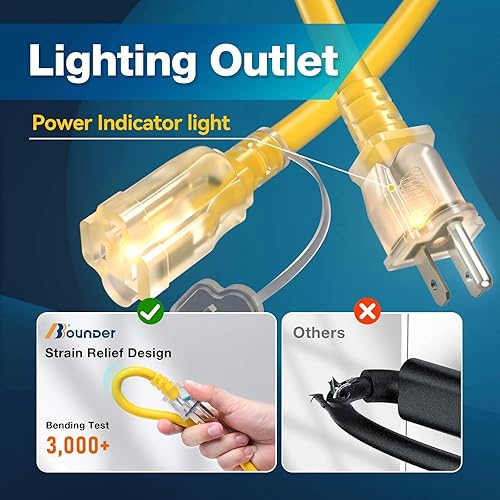 Miniatura 5 de BBOUNDER Cable de extensión para exteriores de 100 pies impermeable, 123 SJTW resistente 15A 1875W, cables flexibles de 3 puntas de cobre 100% para