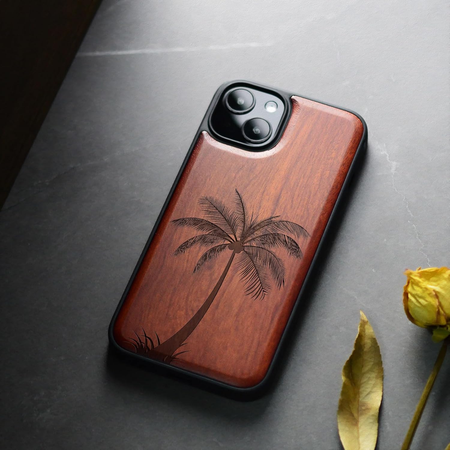 Carveit Magnetic Wood Case for iPhone 13 Mini Case [Natural Wood & Black Soft TPU] Unique Wooden Shockproof Protective Cover Compatible with magsafe (The Palm Tree -Rosy)