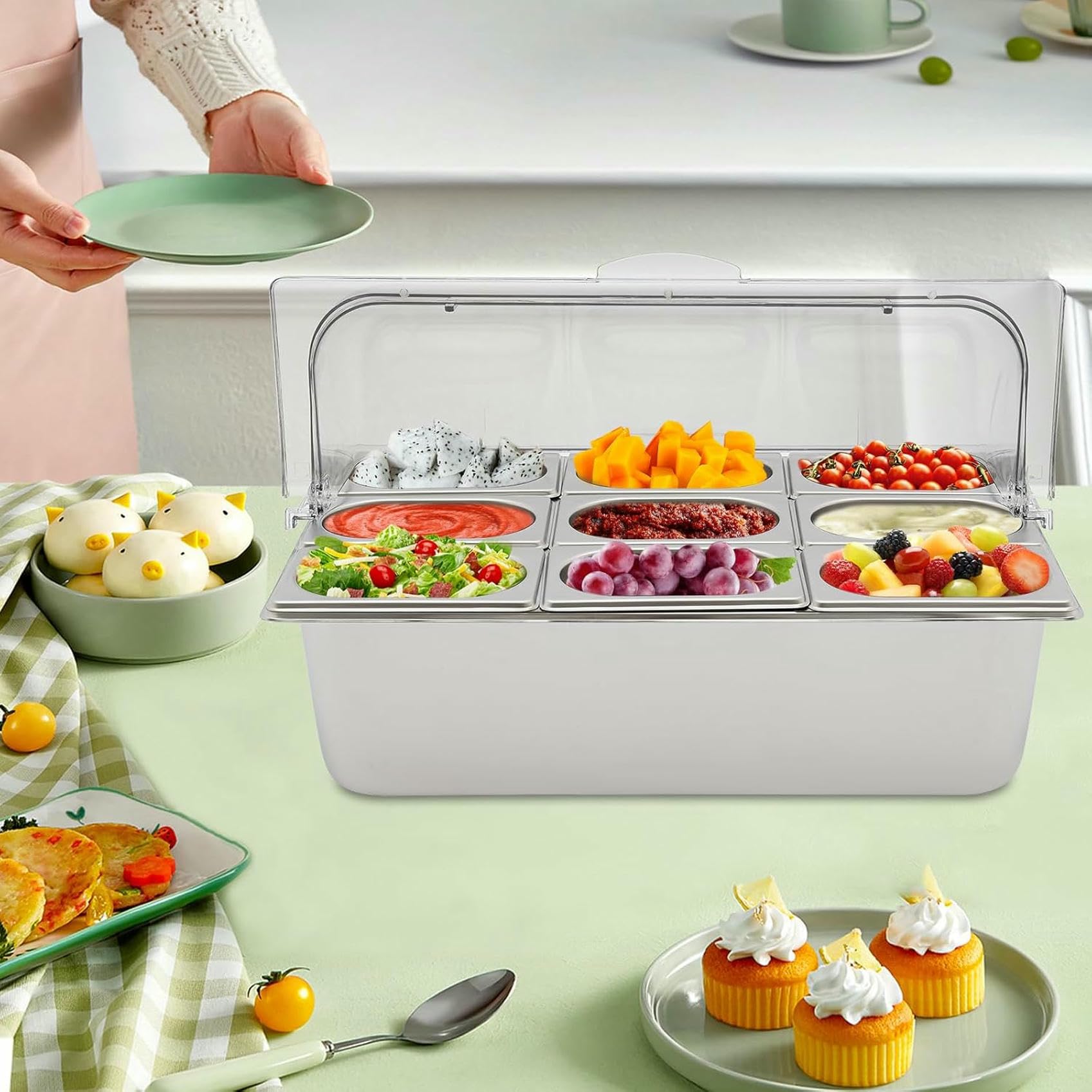 1 Set für Salatbar, Buffet-Station, Lebensmittel-Servierbehälter, Lebensmittel-Servierdisplay mit Deckel, kalte Speisen, Buffet-Servierer für Zuhause, Hotel, Einkaufszentrum~/