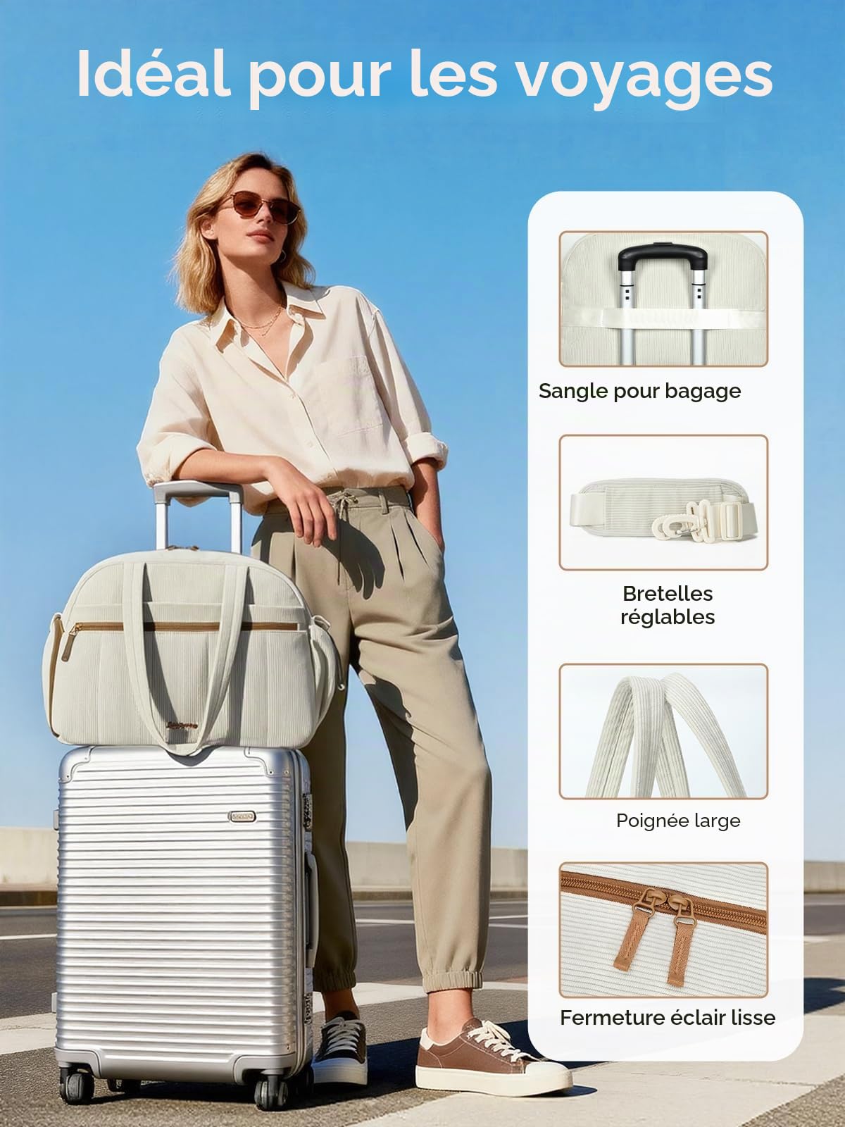 Sac de Voyage Femme en Velours Côtelé, Sac Sport Léger 24 L, Sacs Weekend Bagage à Main avec Trousse Toilette et Sacs Imperméable en PVC Idéal pour l'hôpital Voyages Vacances Sport, Beige