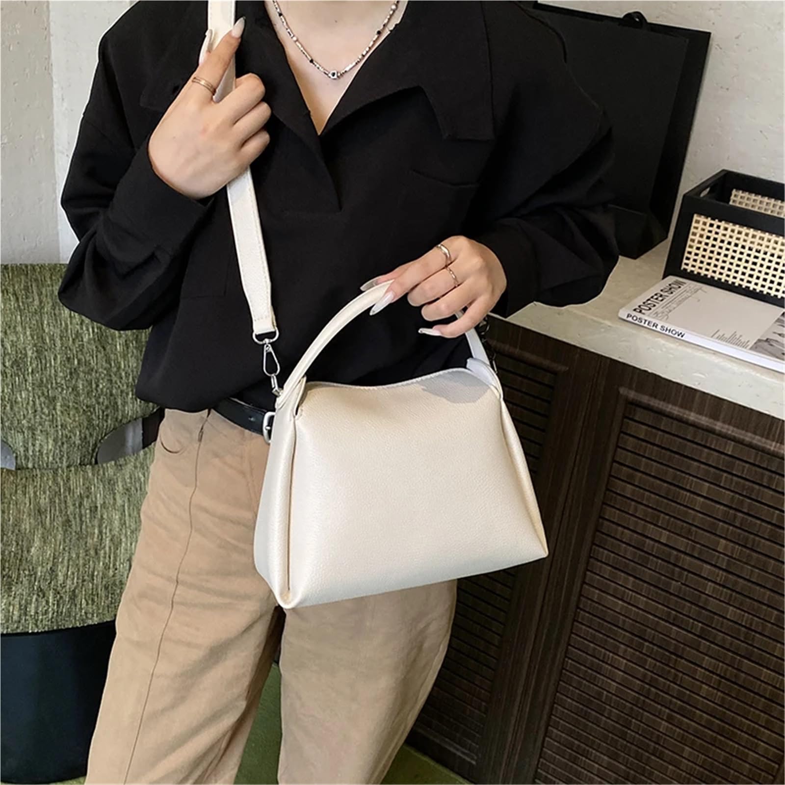 Piccola borsa a secchiello in pelle PU for donna, borse a tracolla con manico corto, borse a mano e borsette da donna