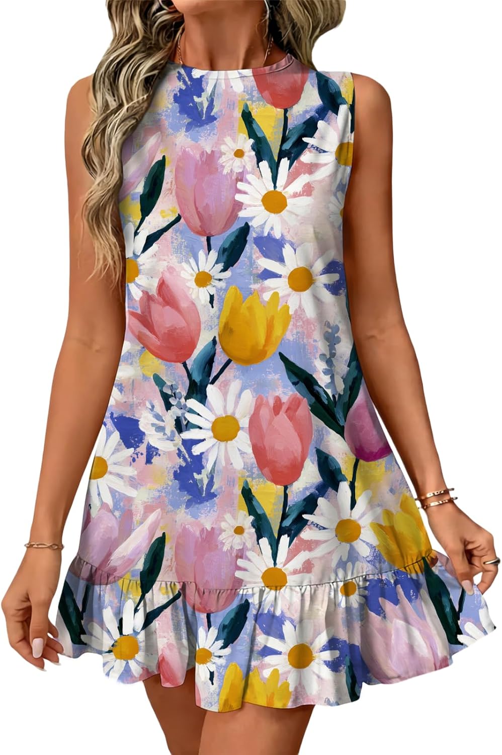 Womens Boho Dress Cute All-Over Print Sleeveless Ruffled Mini Dresses Slim Fit Summ...