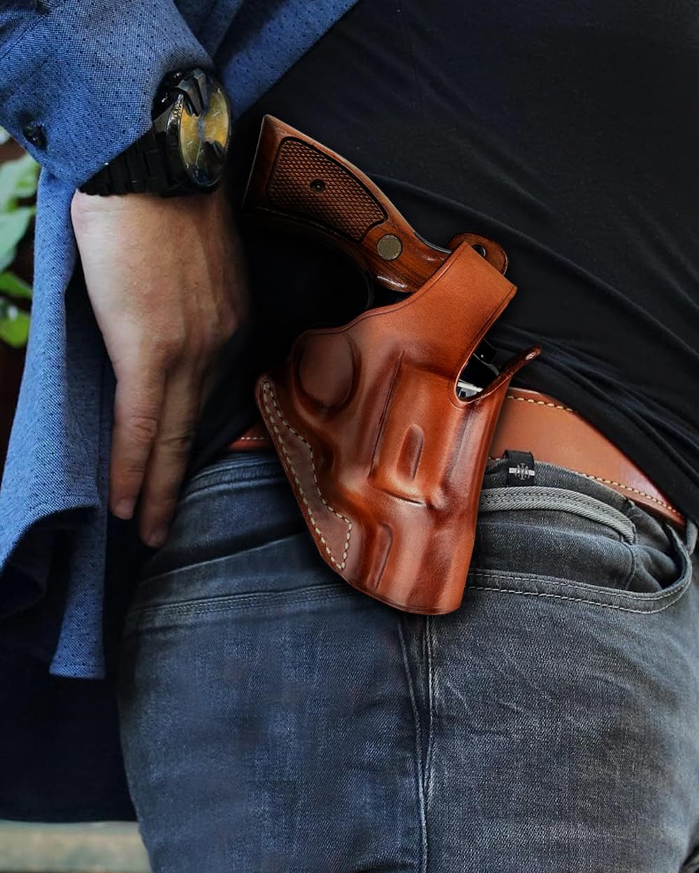 Masc Premium Leather Paddle Holster OWB with Thumb Break, Fits Model 10 Snub Nose K-Frame 2-inch, RH Draw, Brown Color #1473#