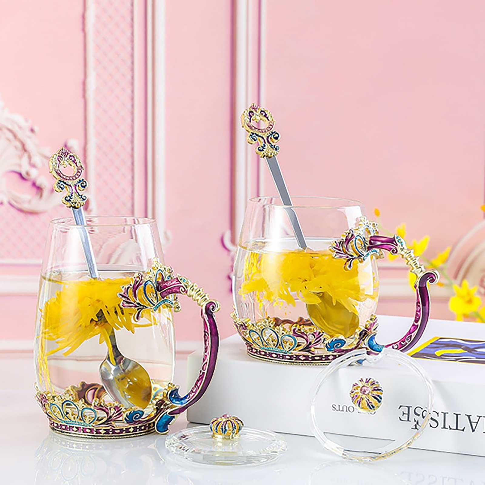 WETKOL Emaille Blume Glasbecher mit Löffel, handgefertigt bleifreie Emaille Blume Glasbecher mit exquisiten Blume Griff, für Geburtstag Weihnachten Geschenke Kristallglas Tasse
