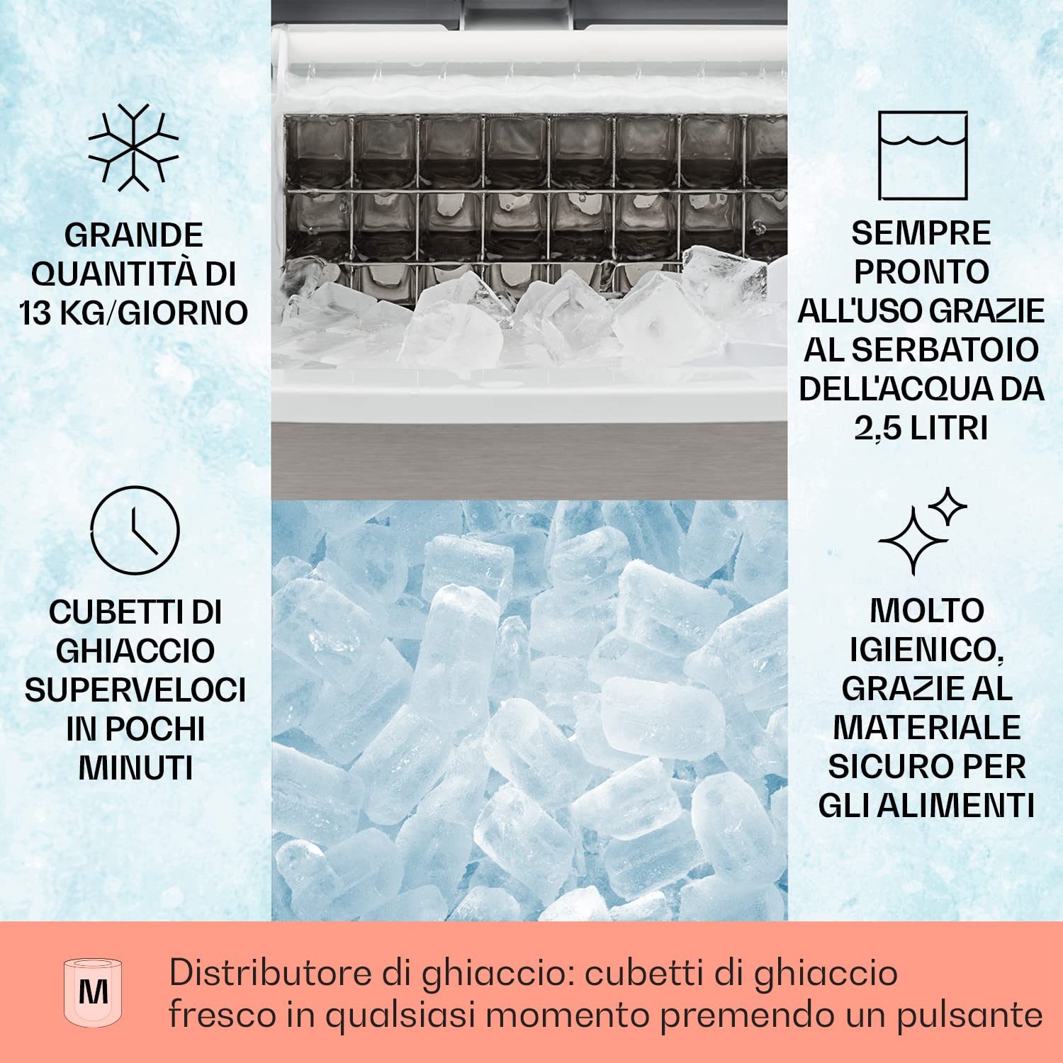 Klarstein Macchina Ghiaccio 2.5L, Macchina del Ghiaccio Professionale, Fabbricatore Secco Alimentare per Cocktail 13kg, Cubetti Trasparenti di Medie Dimensioni, Casa