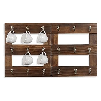 LYFJXX Coffee Cup Holder Wall Holder With 8 Hooks, 2 Pcs Wooden Coffee Cup Holder Organizer With Coffee Board, Tea Cup Hanger For Bar Kitchen Organizer Display (Brown-2PCS