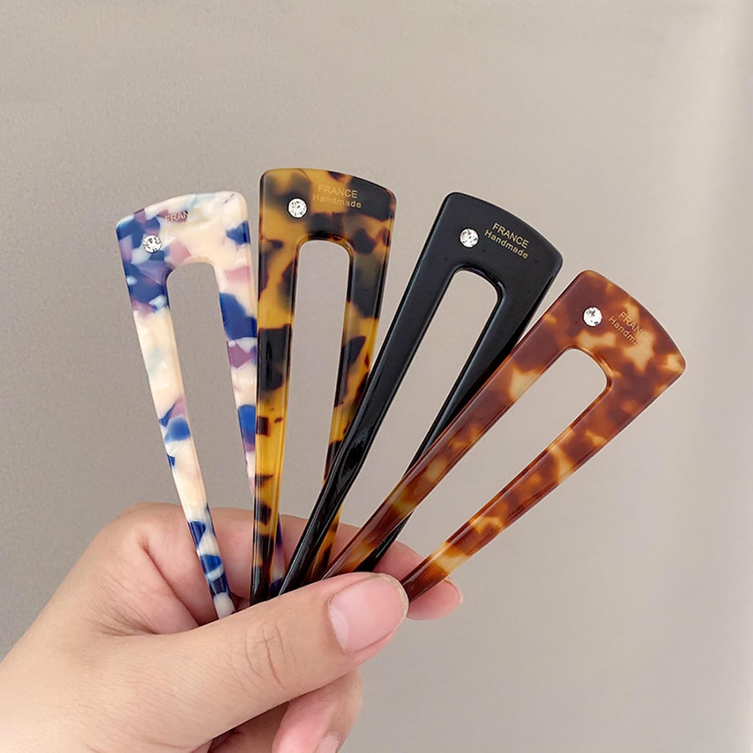 French Hair Clips 4-Pack Assorted Styles, U-Shaped Textured Hair Pins for Women with Black, Tortoiseshell, Leopard & Smoky, for Ponytail Bun Updo (Assorted)