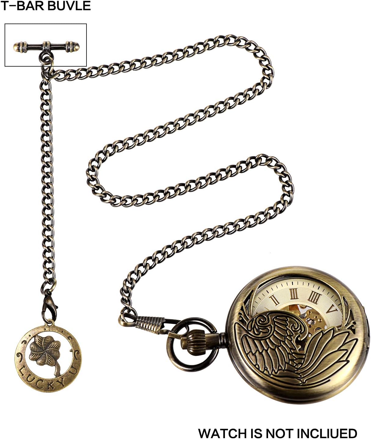 TREEWETO Men's Albert Chain Pocket Watch Curb Link Key Chain 2 Hooks with Antique Lucky Four-Leaf Clover Pendant Design Charm Fob T Bar