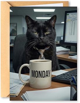 KINGNAME Funny Work Card for Coworker - Monday Mood Black Cat - Humorous Office Greeting for Boss Employee Staff Appreciation