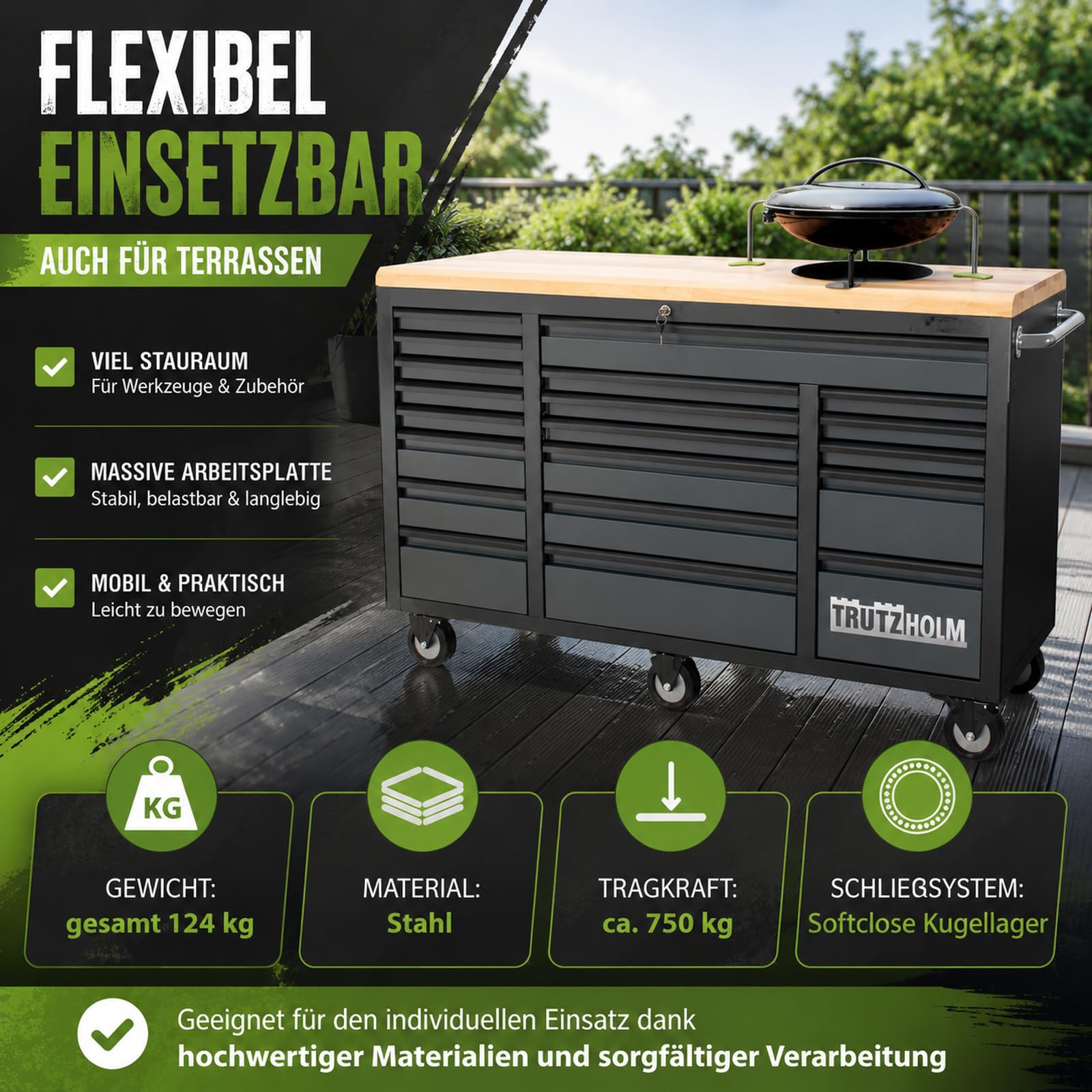 TRUTZHOLM Werkstattwagen Mobile Werkbank Deluxe XXL 20 Schubladen Werkzeugwagen leer (Anthrazit)