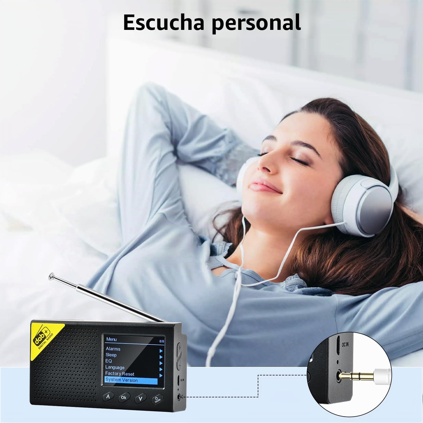 Hikity Dab Radio Portátil Pequeña, Radio Digital Dab Plus con Bluetooth, Dab+ Radio FM Recargable, Despertador Doble, Interfaz AUX, Cocina/Camping Radio Portátil, 9 Lenguas