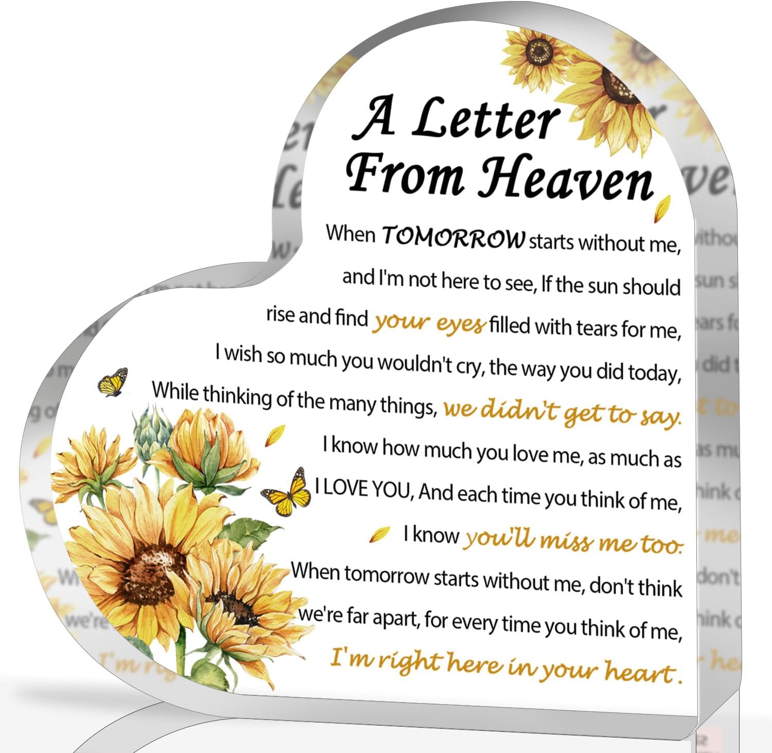 Sympathy Gifts - A Letter from Heaven- Memorial Gift for Loss of Mother Father Husband Son, Acrylic Heart Keepsake,Remembrance Sympathy Gifts (Sunflower)