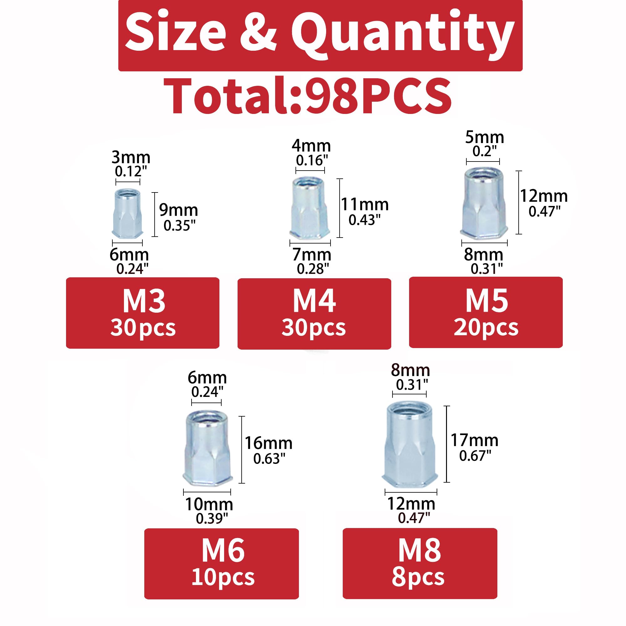 98Pcs M3 M4 M5 M6 M8 Half Hex Body Flange Rivet Nuts Assortment Kit, Blue Zinc Plated Carbon Steel Flat Head Threaded Insert Nut Rivnut Set (98pcs Kit)