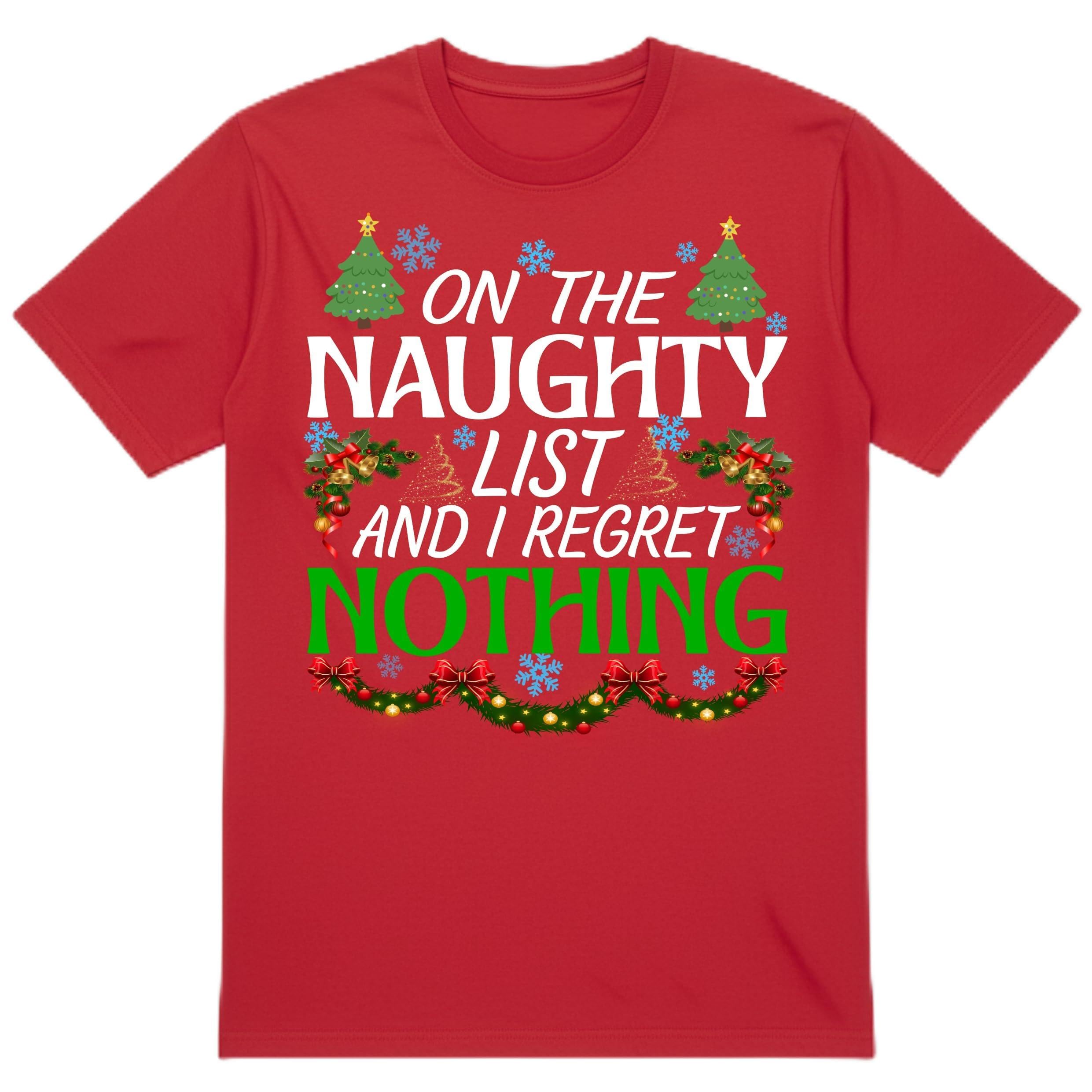 PB TECH Funny Christmas Family T-Shirt - On Naughty List and I Regret Nothing Santa Christmas T-Shirt, Funny Santa Shirt for Women and Men Unisex (UK, Alpha, XL, Regular, Regular, Red)