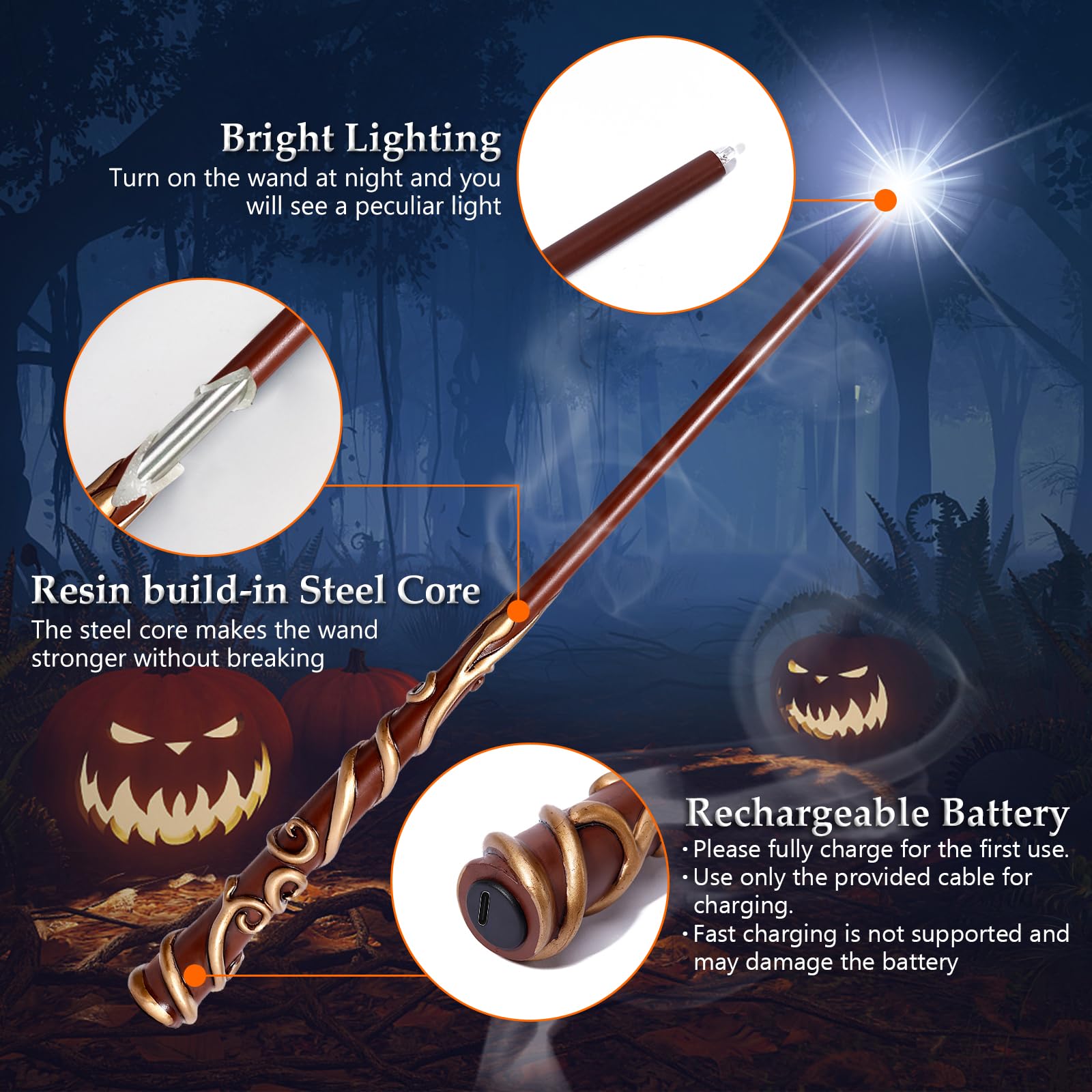 Light Up Magic Wizard - Bacchetta illuminante ricaricabile per bambini, collezione di streghe, accessori cosplay (vite)