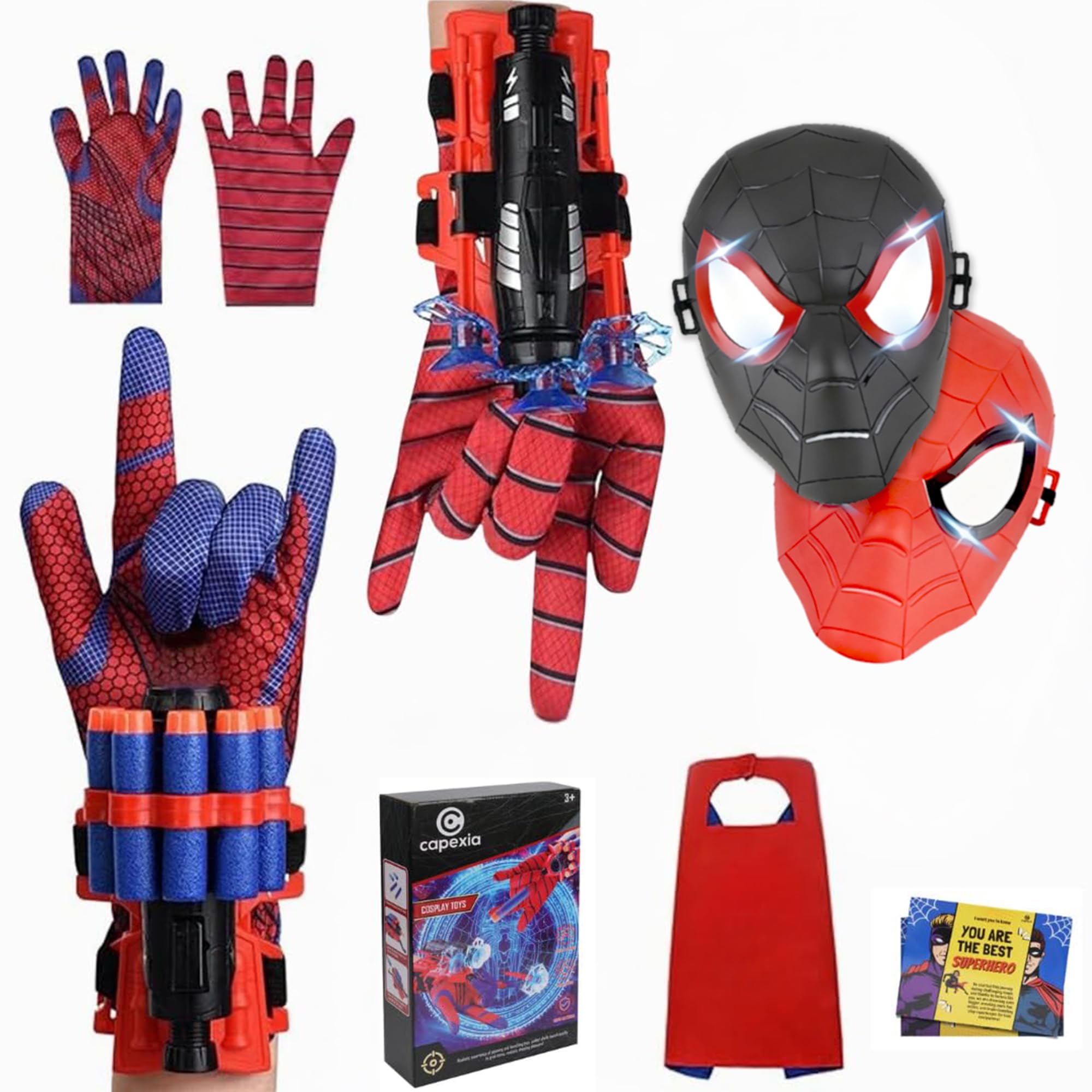 Spider Web Shooter Toy Set: Includes 2 Web Shooters for kids, 2 Spider Hero Gloves, 2 Spider Masks and 1 Spider Cape, with Thrilling Spider Web Shooters - Fun Web Slinger Toys for Kids Ages 3+