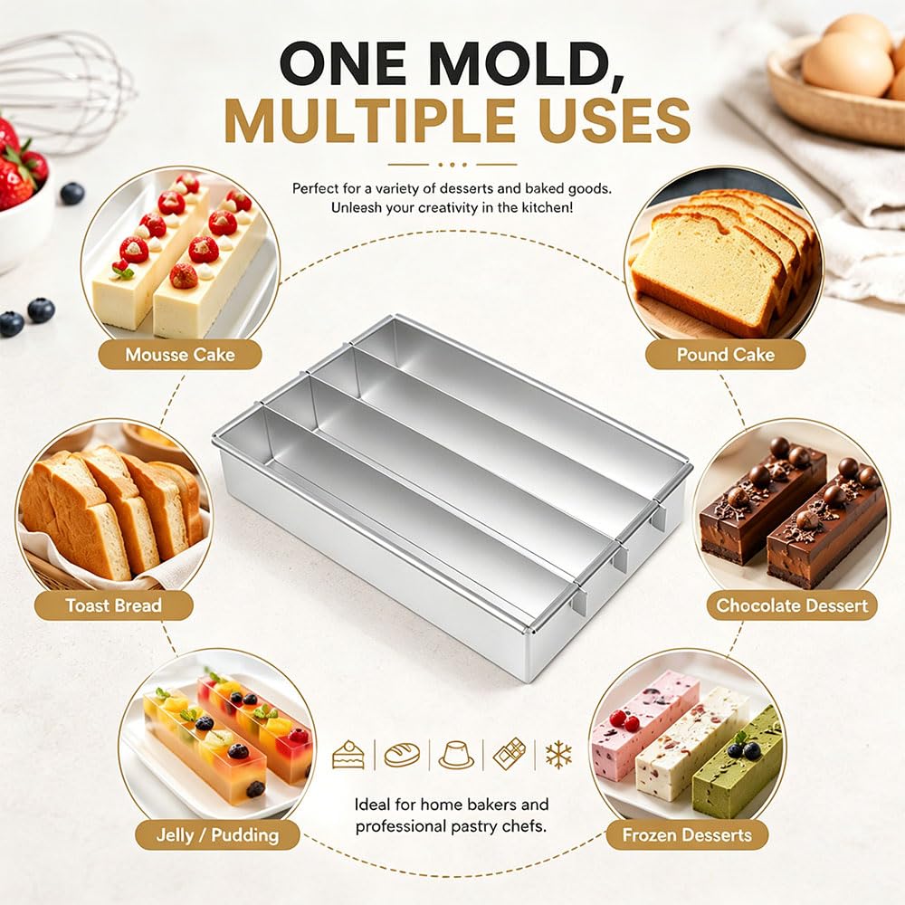 Teglia da Forno Rettangolare Regolabile in lega di Alluminio | per la Preparazione di Toast Pane Torte a strati,30×20×5.2cm,con 4 Scomparti,Stampo per Tiramisù,Teglia Forno Rettangolare