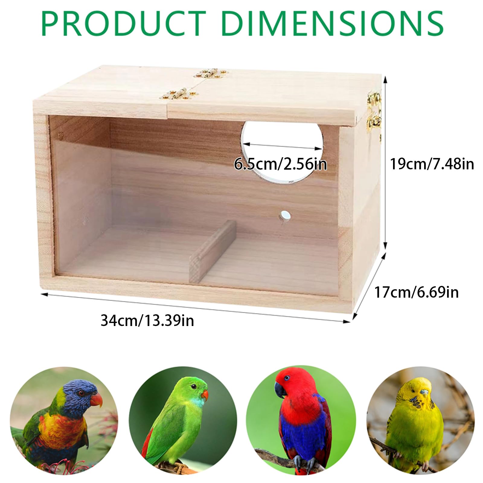 Caja De Cría De Pájaros Diseño Transparente Caja de Nido de Pájaros de Madera Nido cría para Aves Natural Ventana de Visión Clara de Loro para Agapornis, Loros de Cacatúas, 34 x 17 x 19 cm