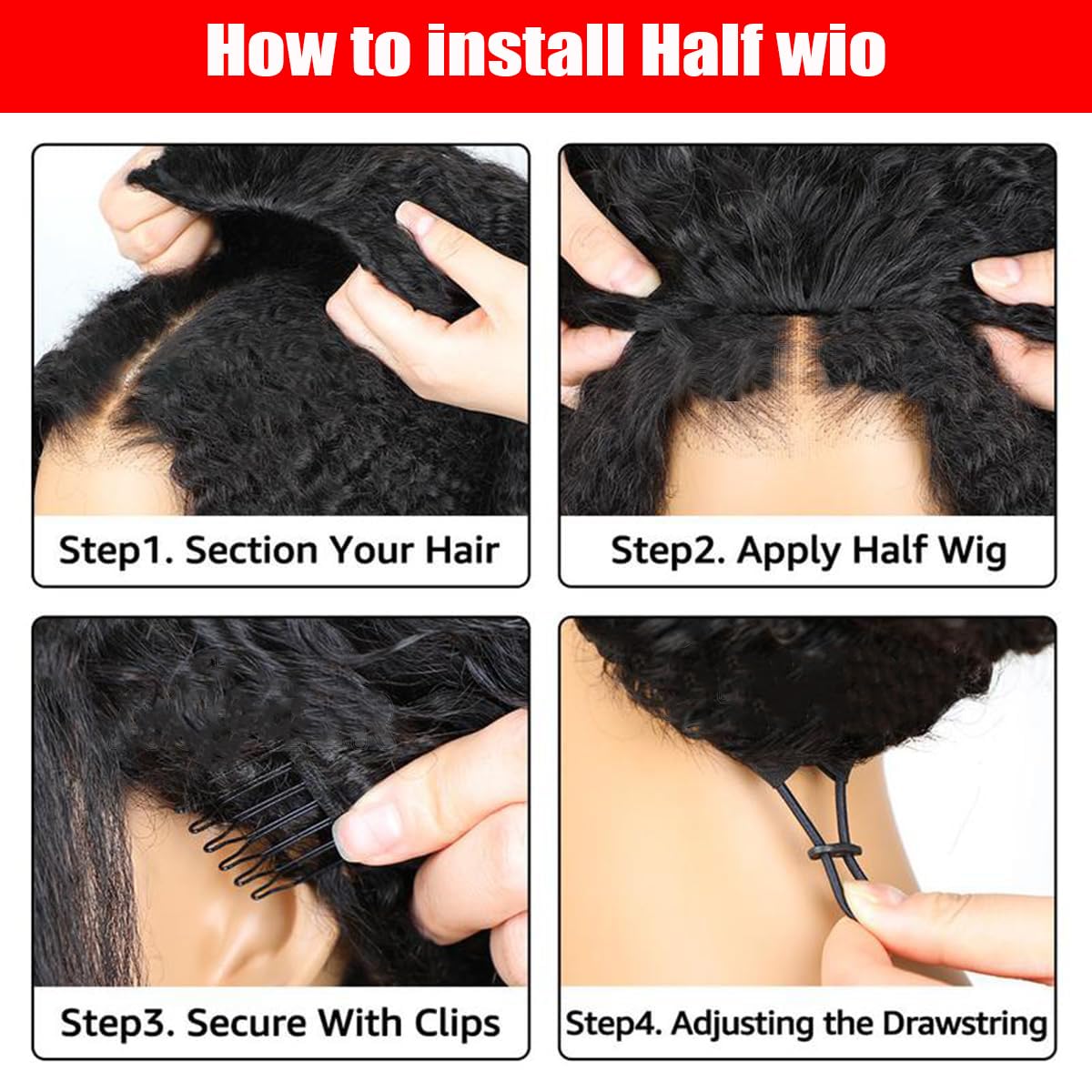 250% Density Kinky Straight Drawstring Half Wig Upgrade 3 In 1 Half Wigs With Drawstring Seamless Clip Ins Flip Over Human Hair Headband Wigs No Lace Glueless Wear And Go Wig Beginner Friendly 20 Inch